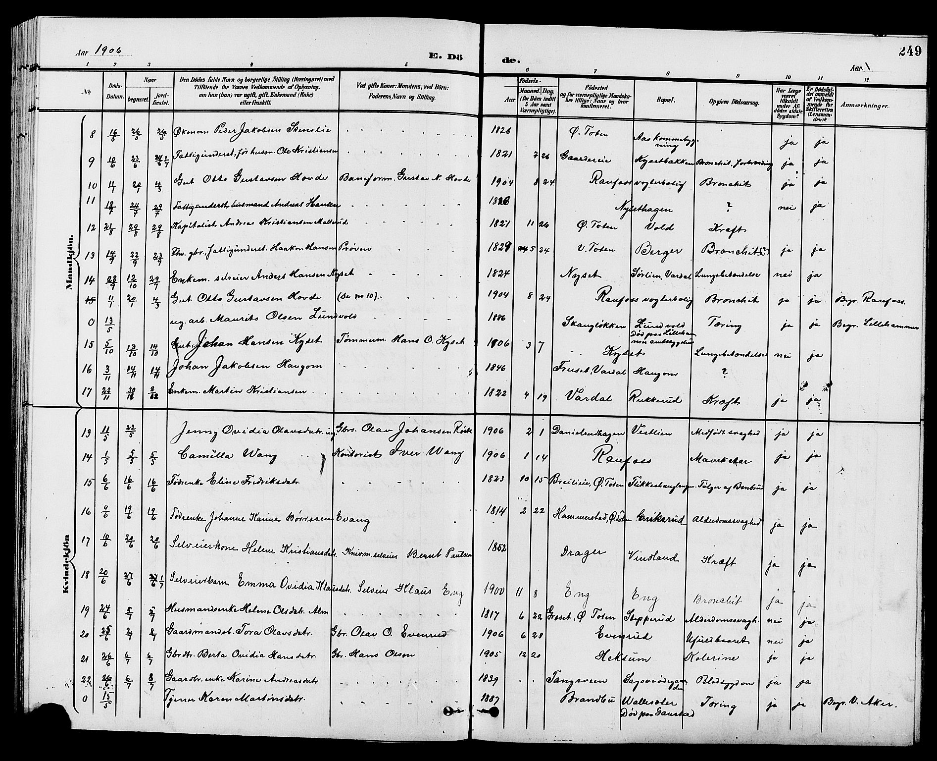 Vestre Toten prestekontor, AV/SAH-PREST-108/H/Ha/Hab/L0010: Parish register (copy) no. 10, 1900-1912, p. 249