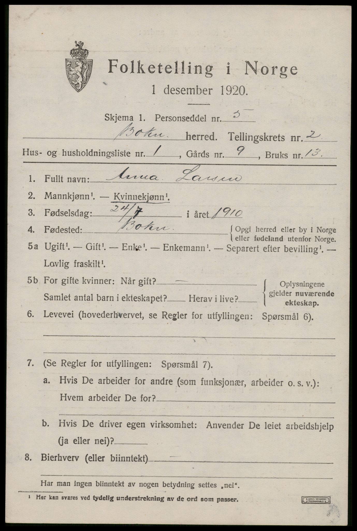 SAST, 1920 census for Bokn, 1920, p. 794