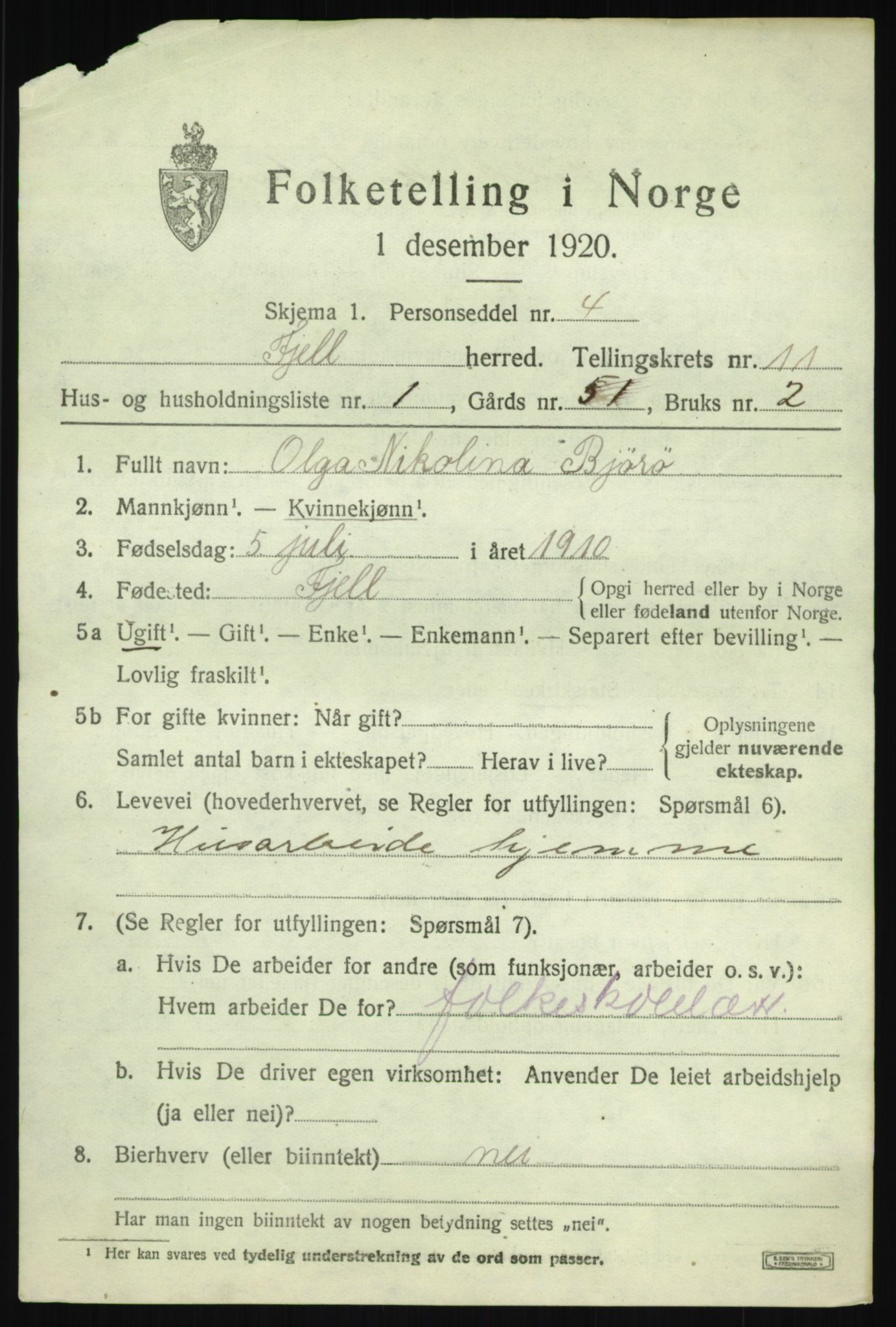 SAB, 1920 census for Fjell, 1920, p. 9842