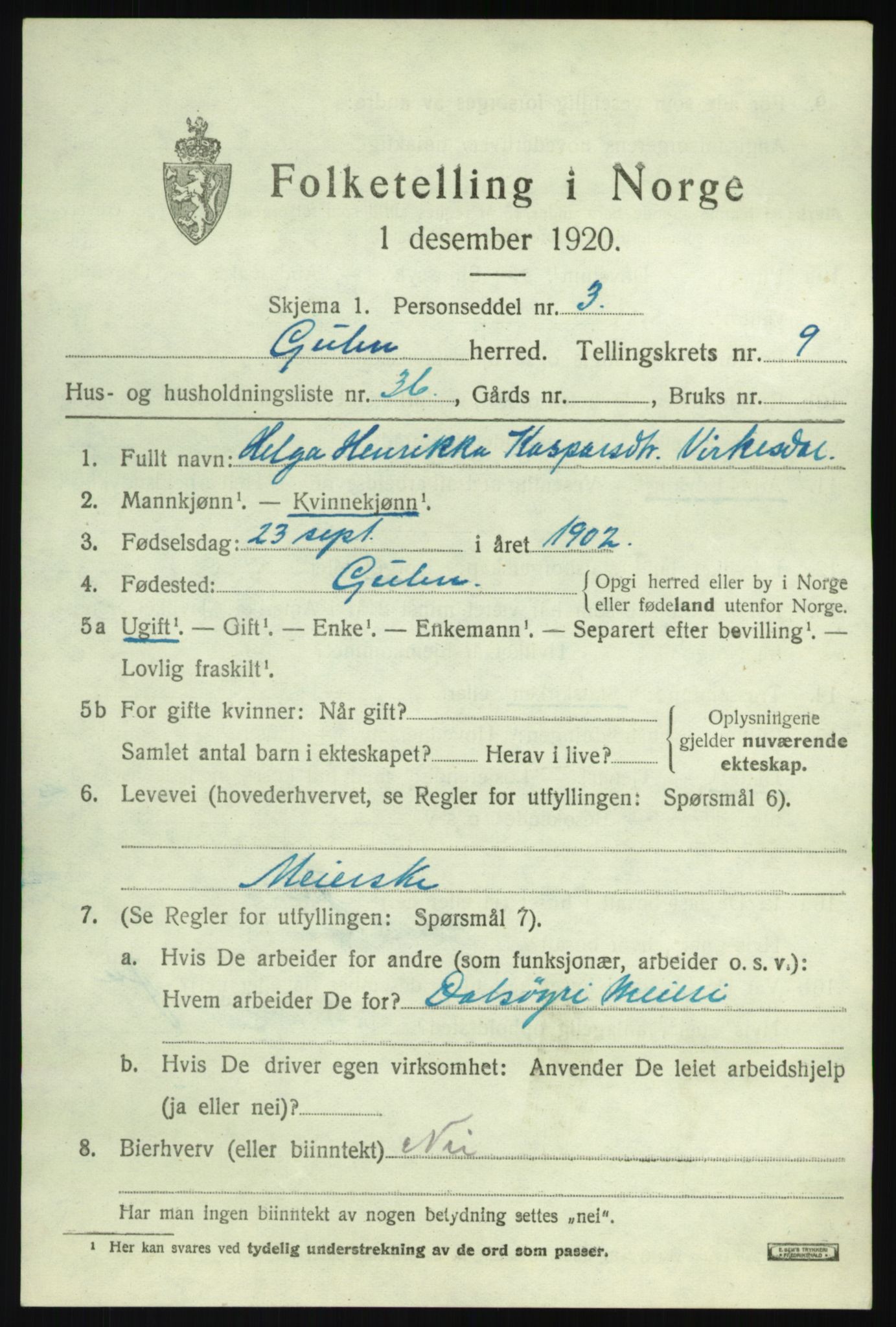 SAB, 1920 census for Gulen, 1920, p. 4399