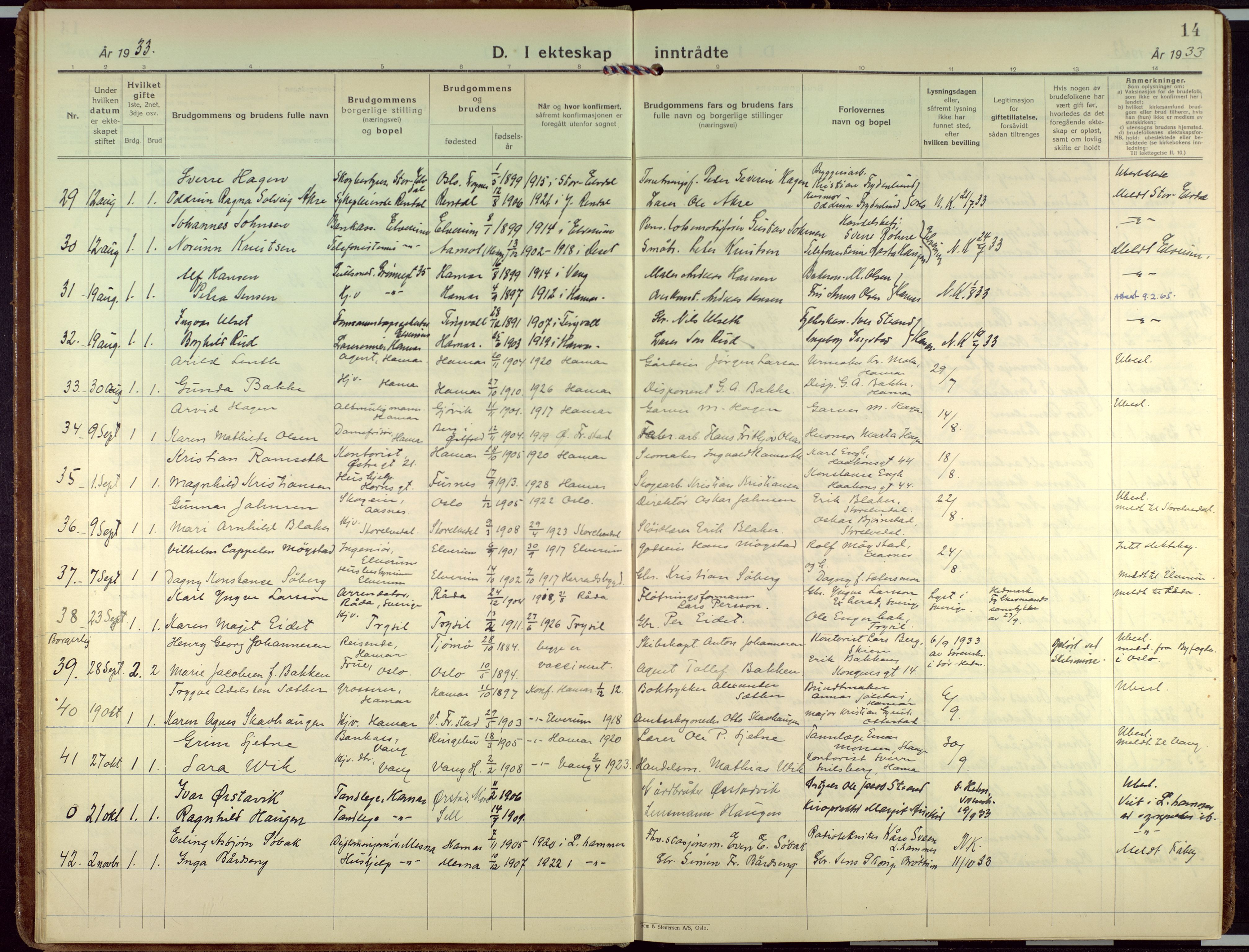 Hamar prestekontor, AV/SAH-DOMPH-002/H/Ha/Haa/L0006: Parish register (official) no. 6, 1931-1953, p. 14