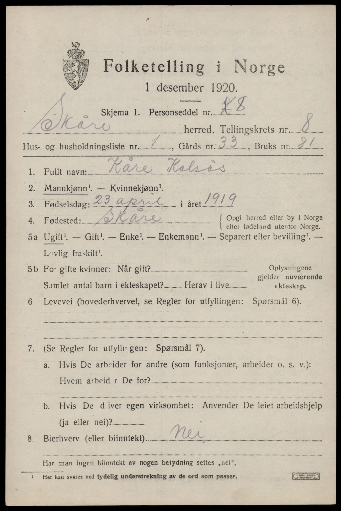 SAST, 1920 census for Skåre, 1920, p. 5730