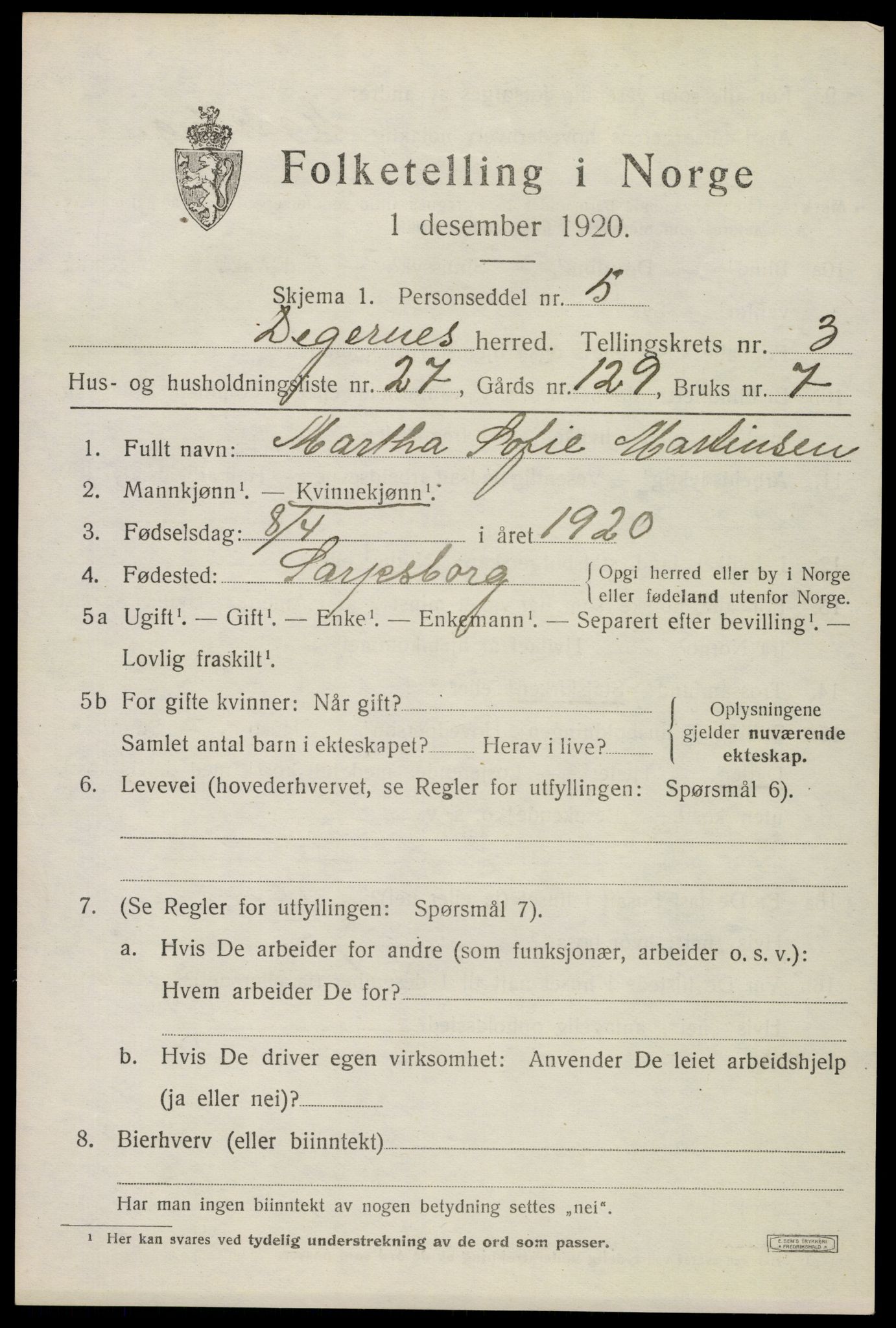 SAO, 1920 census for Degernes, 1920, p. 2322