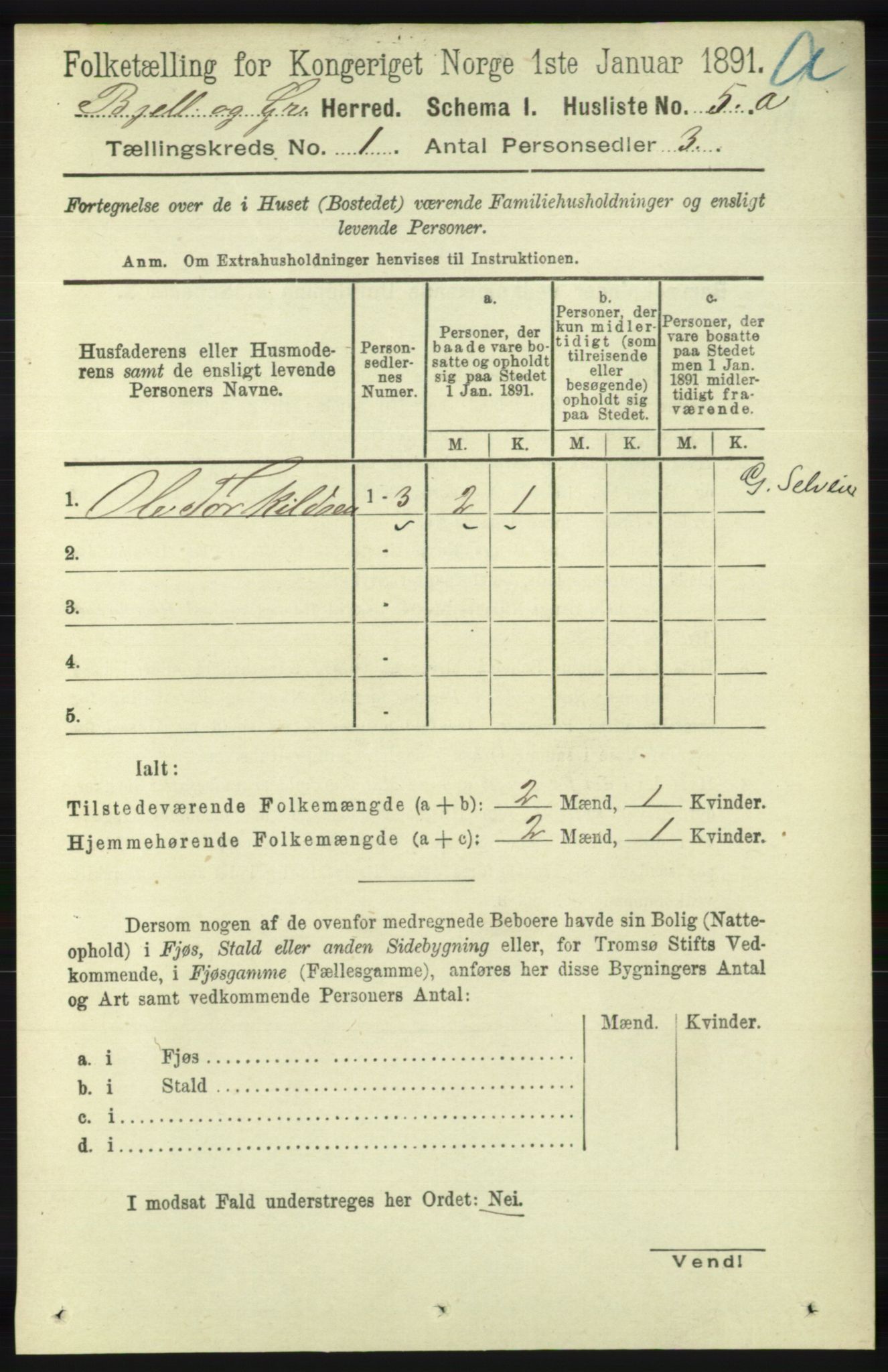 RA, 1891 census for 1024 Bjelland og Grindheim, 1891, p. 26