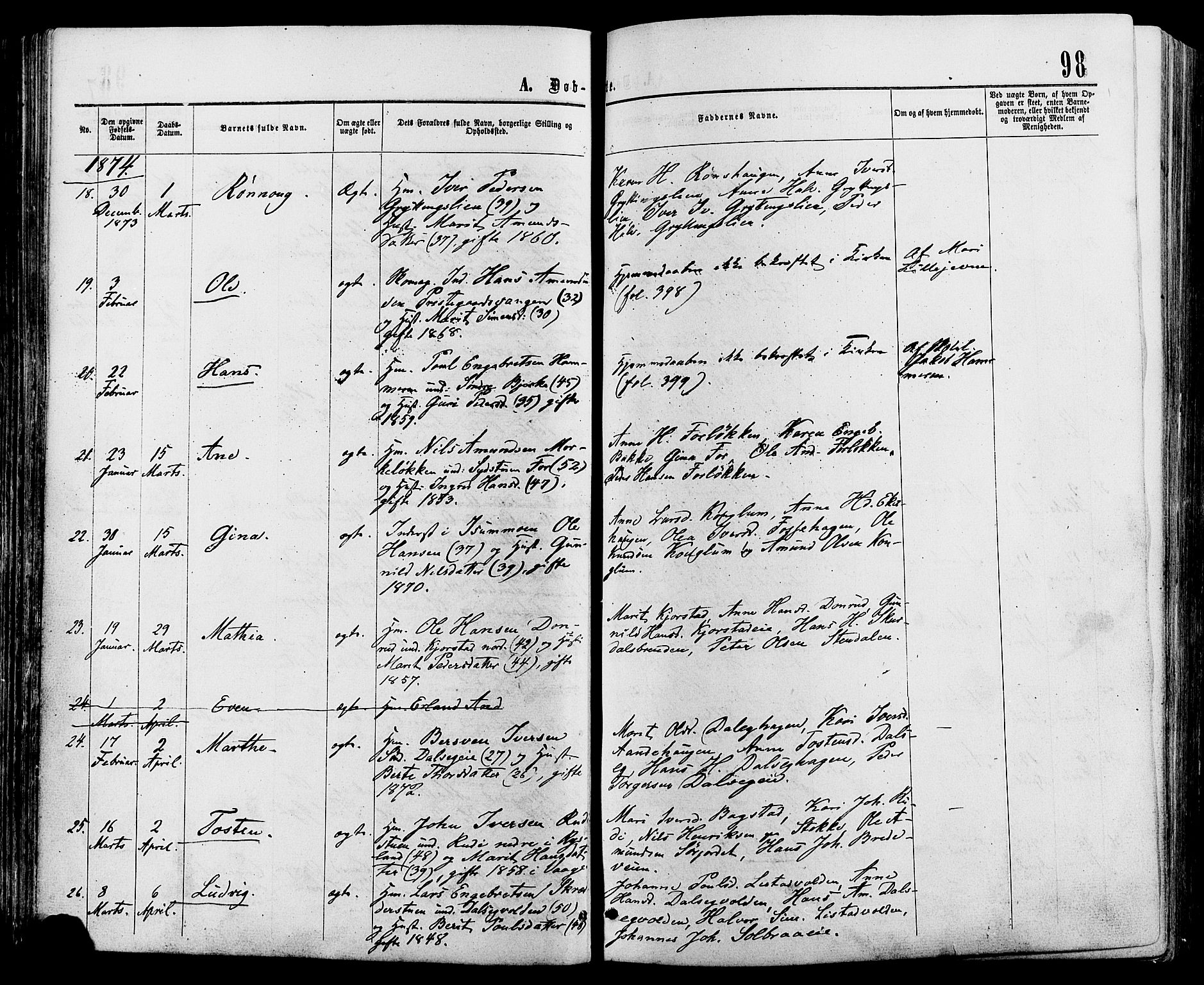 Sør-Fron prestekontor, SAH/PREST-010/H/Ha/Haa/L0002: Parish register (official) no. 2, 1864-1880, p. 98