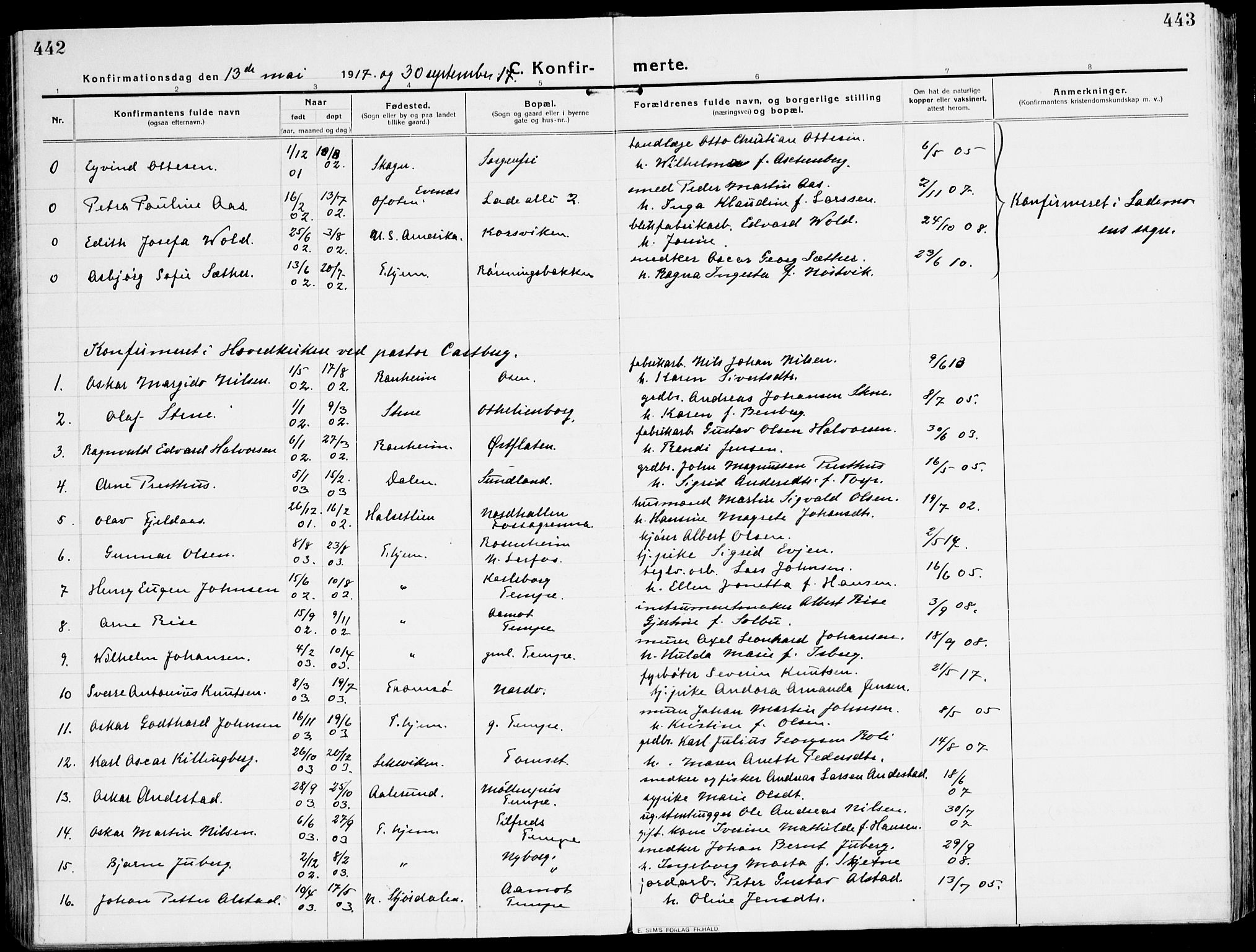 Ministerialprotokoller, klokkerbøker og fødselsregistre - Sør-Trøndelag, AV/SAT-A-1456/607/L0321: Parish register (official) no. 607A05, 1916-1935, p. 442-443