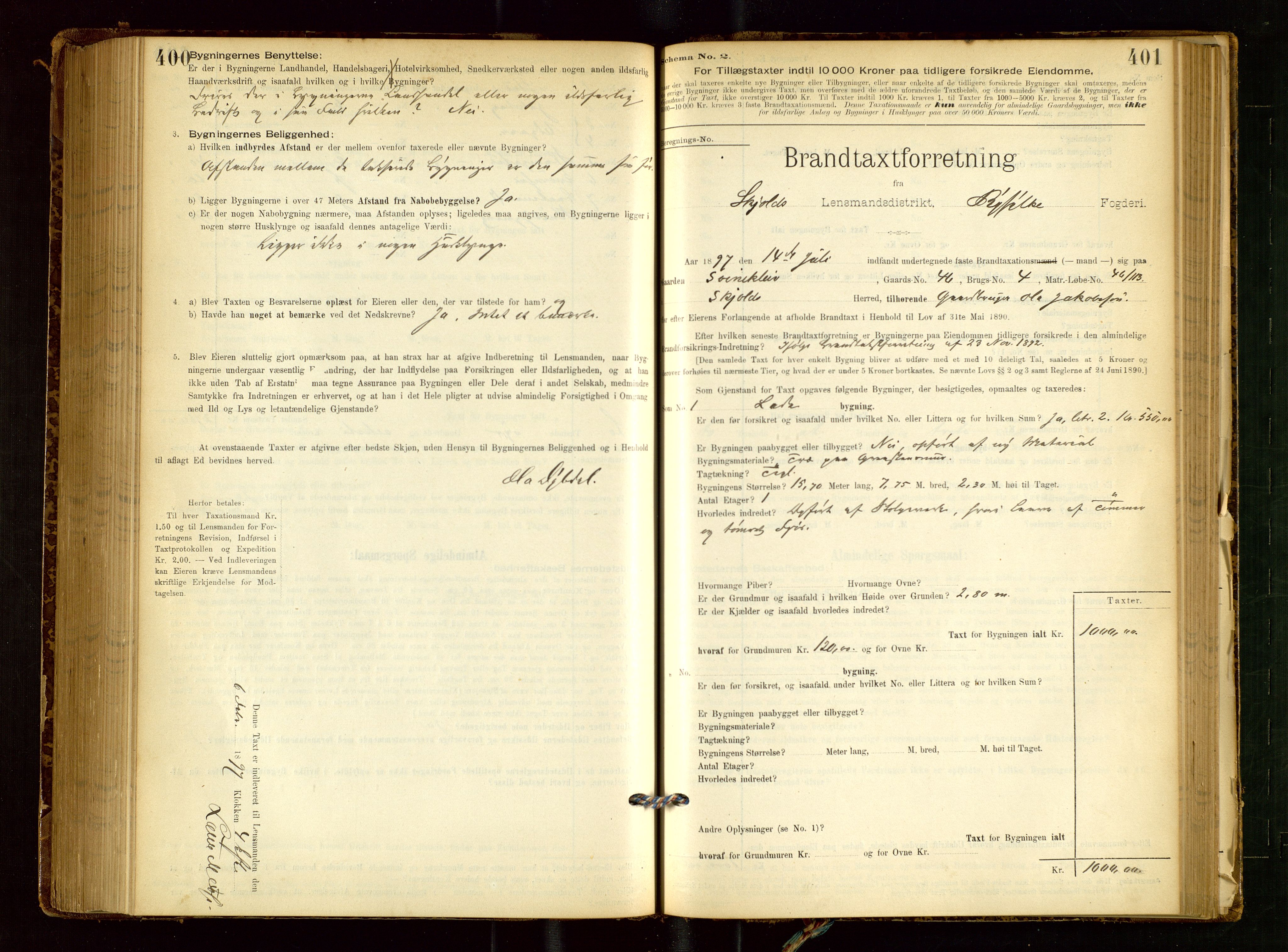 Skjold lensmannskontor, SAST/A-100182/Gob/L0001: "Brandtaxationsprotokol for Skjold Lensmandsdistrikt Ryfylke Fogderi", 1894-1939, p. 400-401