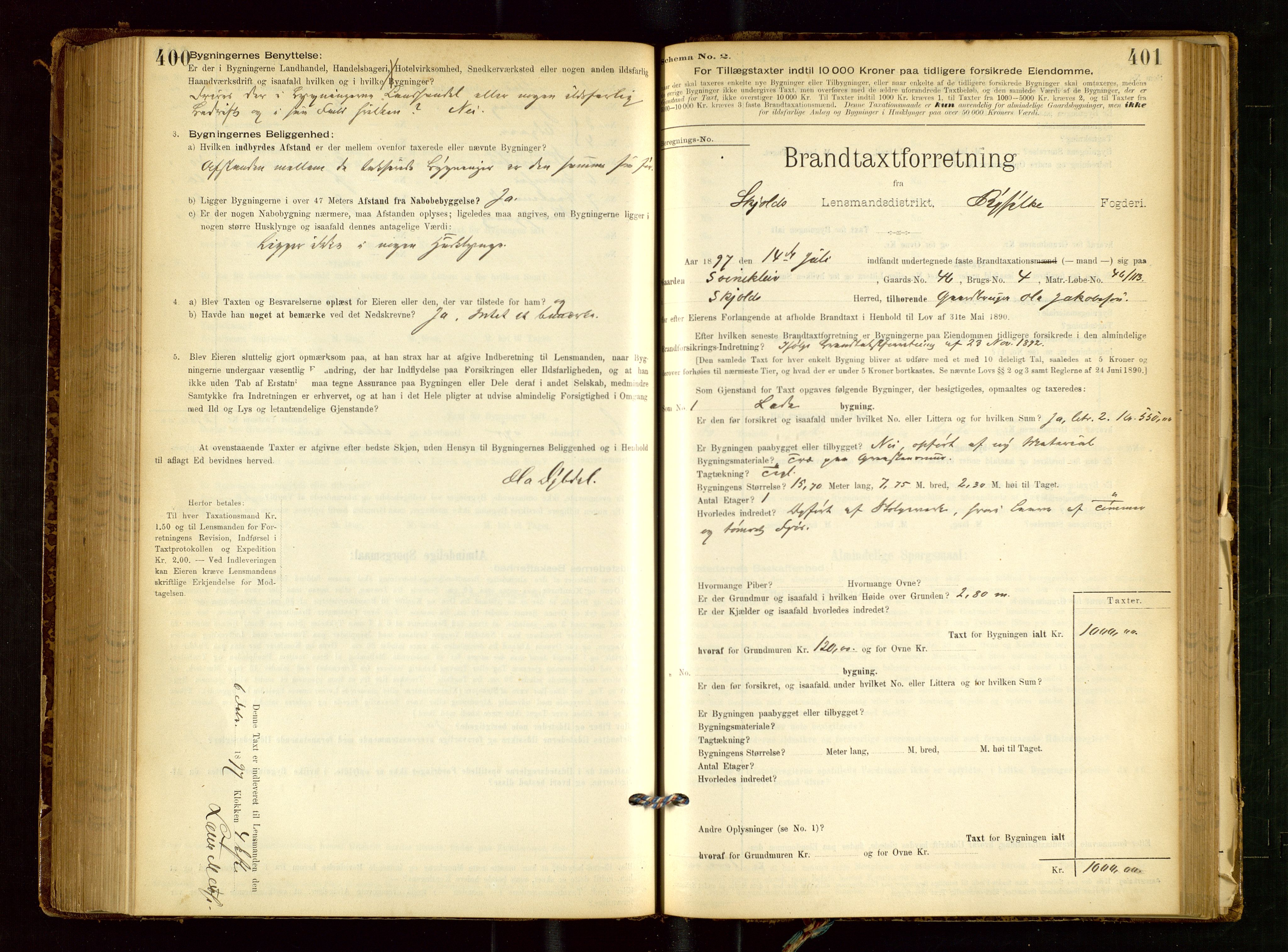 Skjold lensmannskontor, AV/SAST-A-100182/Gob/L0001: "Brandtaxationsprotokol for Skjold Lensmandsdistrikt Ryfylke Fogderi", 1894-1939, p. 400-401