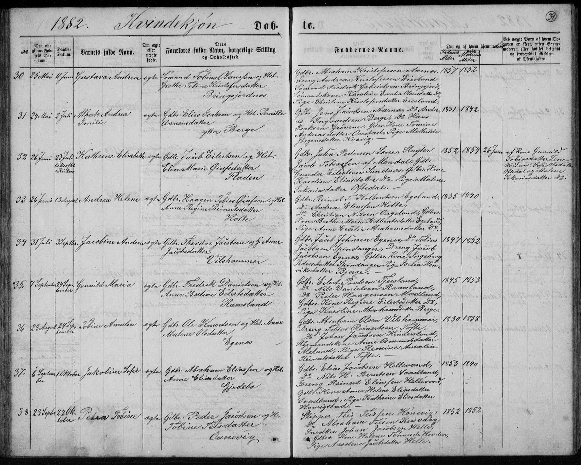 Lyngdal sokneprestkontor, AV/SAK-1111-0029/F/Fb/Fbc/L0004: Parish register (copy) no. B 4, 1878-1896, p. 39