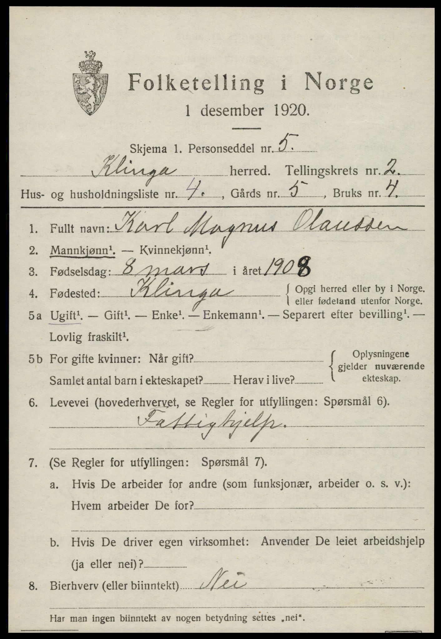 SAT, 1920 census for Klinga, 1920, p. 1427