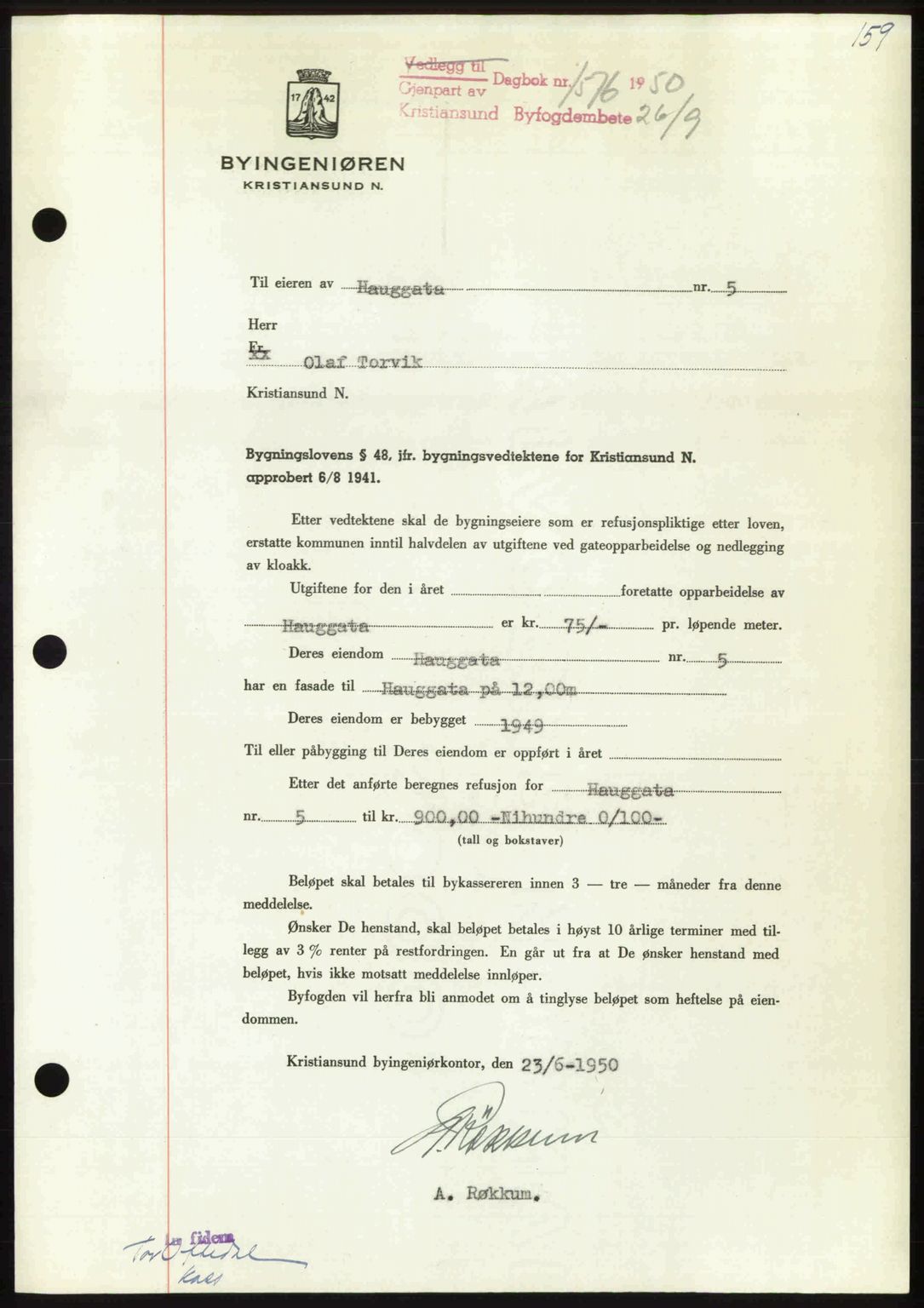 Kristiansund byfogd, AV/SAT-A-4587/A/27: Mortgage book no. 50, 1950-1950, Diary no: : 1576/1950