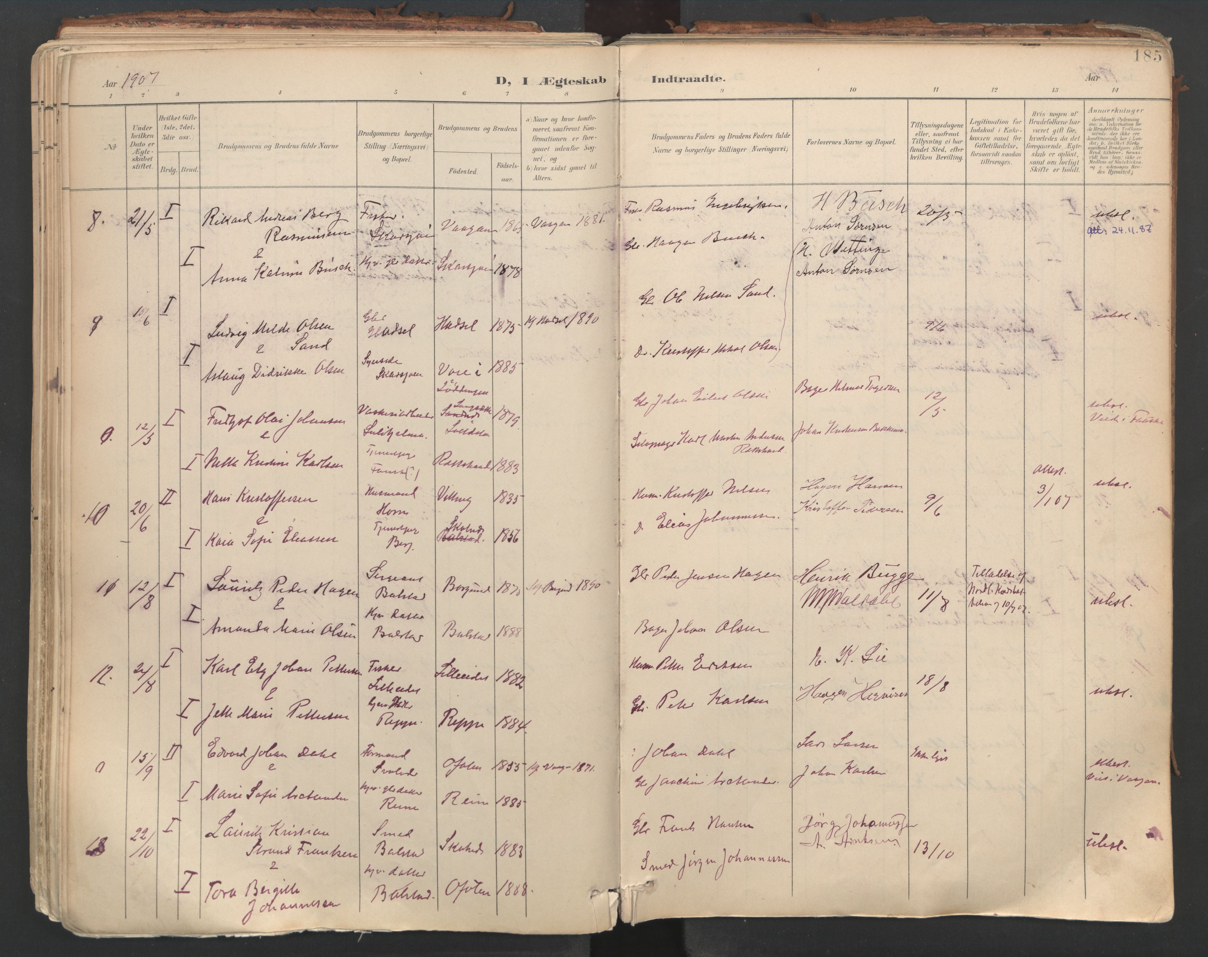 Ministerialprotokoller, klokkerbøker og fødselsregistre - Nordland, AV/SAT-A-1459/881/L1154: Parish register (official) no. 881A07, 1907-1918, p. 185