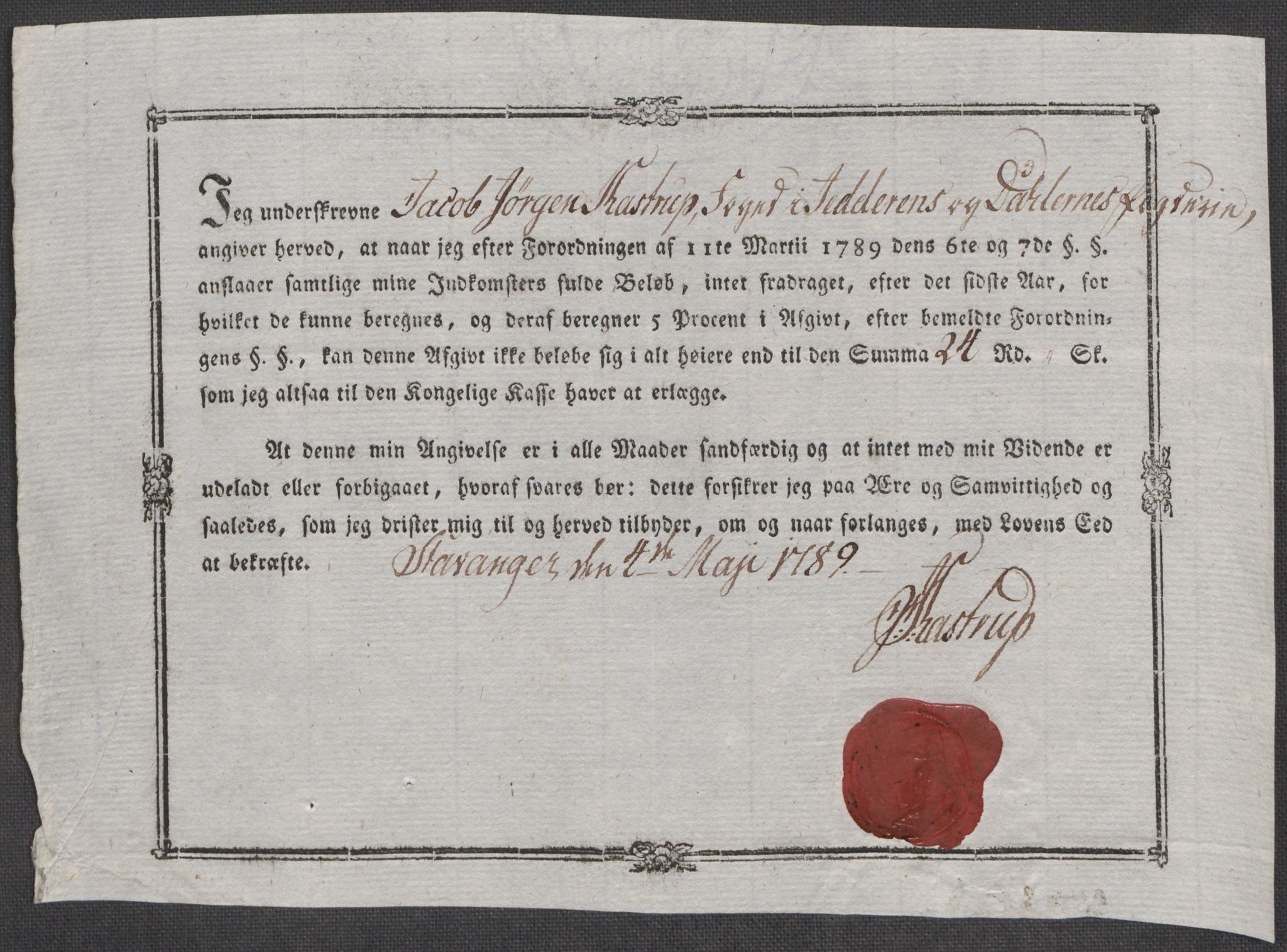 Rentekammeret inntil 1814, Reviderte regnskaper, Mindre regnskaper, AV/RA-EA-4068/Rf/Rfe/L0045: Stavanger, Stjørdal og Verdal fogderi, 1789, p. 108