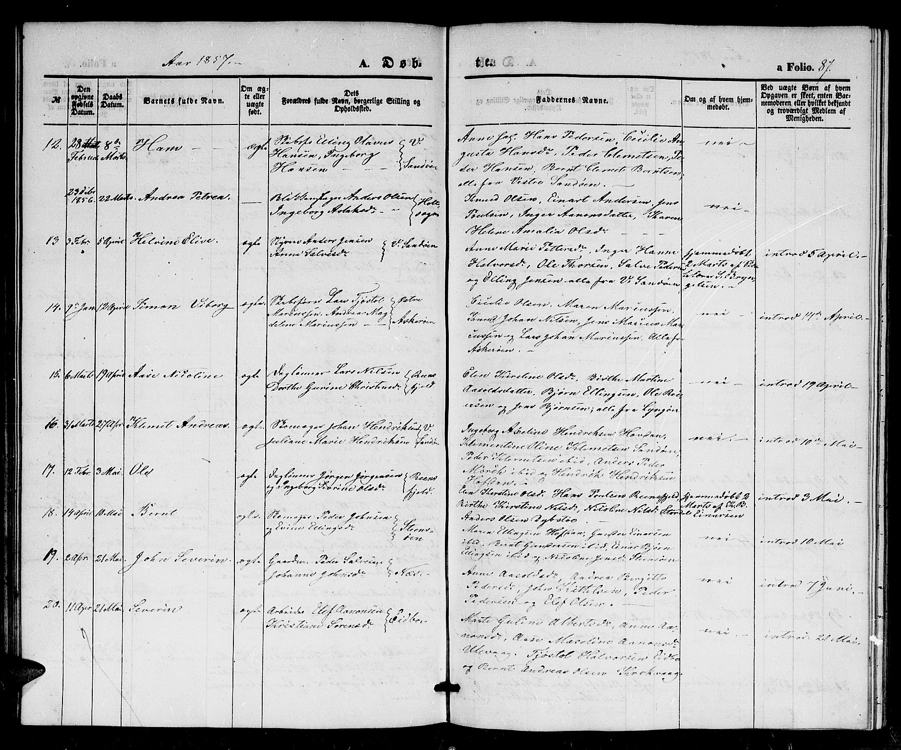 Dypvåg sokneprestkontor, SAK/1111-0007/F/Fb/Fba/L0010: Parish register (copy) no. B 10, 1842-1857, p. 87