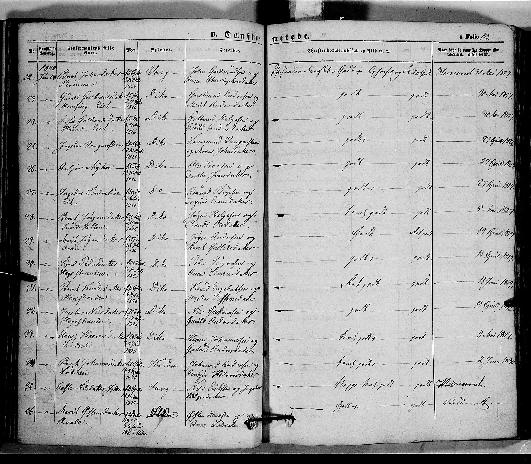 Vang prestekontor, Valdres, SAH/PREST-140/H/Ha/L0005: Parish register (official) no. 5, 1831-1845, p. 103