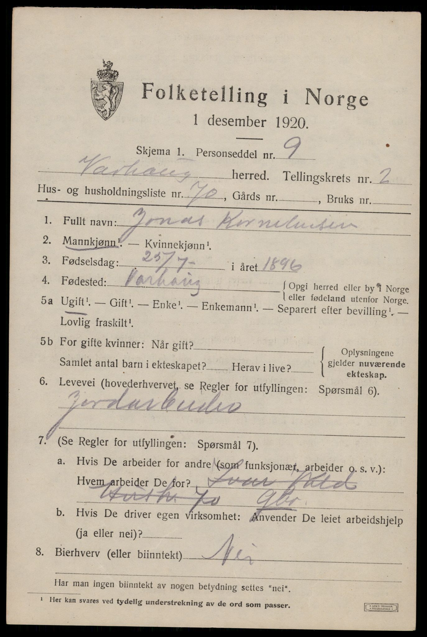 SAST, 1920 census for Varhaug, 1920, p. 2933