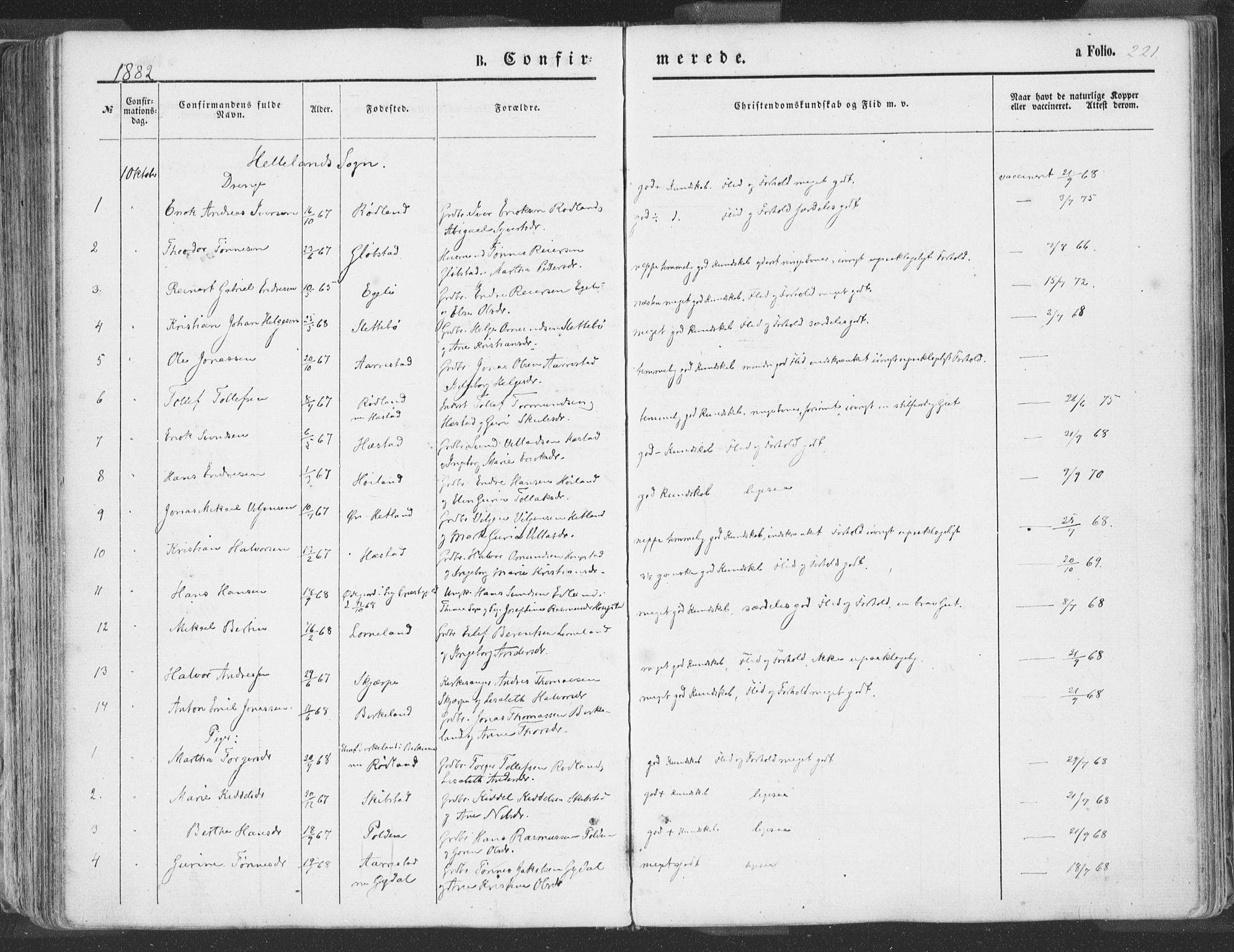 Helleland sokneprestkontor, SAST/A-101810: Parish register (official) no. A 7.1, 1863-1886, p. 221