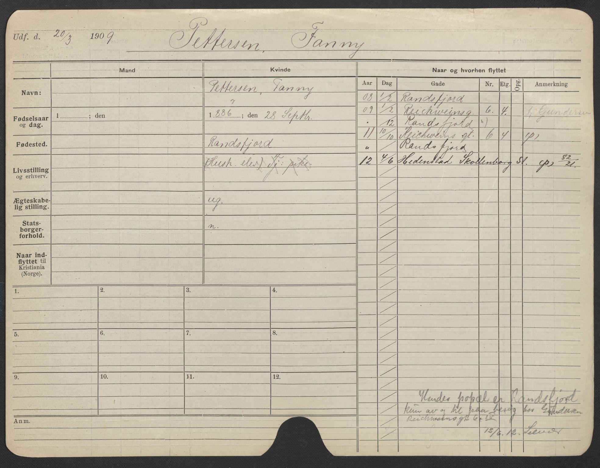 Oslo folkeregister, Registerkort, AV/SAO-A-11715/F/Fa/Fac/L0022: Kvinner, 1906-1914, p. 945a