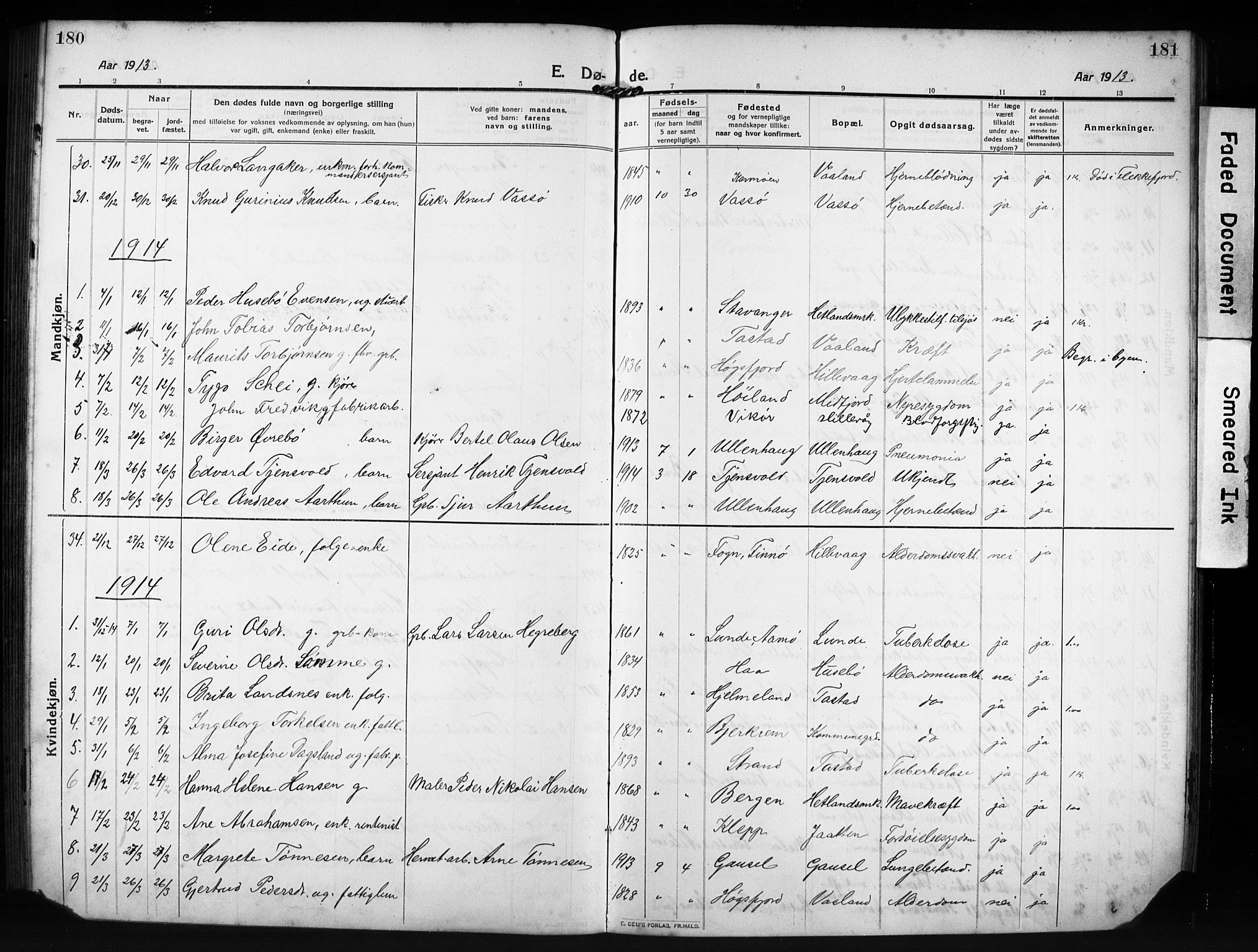 Hetland sokneprestkontor, SAST/A-101826/30/30BB/L0009: Parish register (copy) no. B 9, 1910-1931, p. 180-181