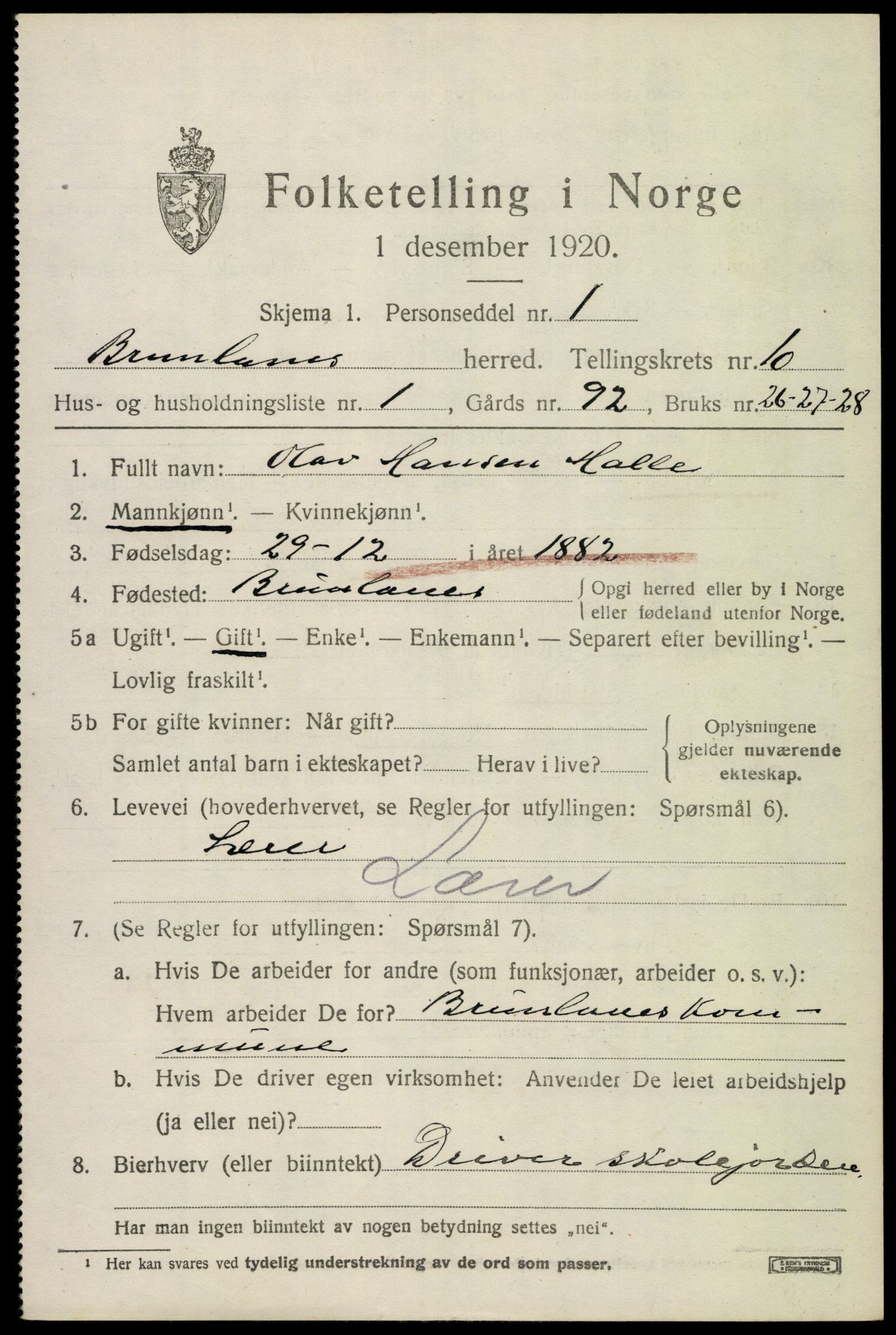 SAKO, 1920 census for Brunlanes, 1920, p. 8607