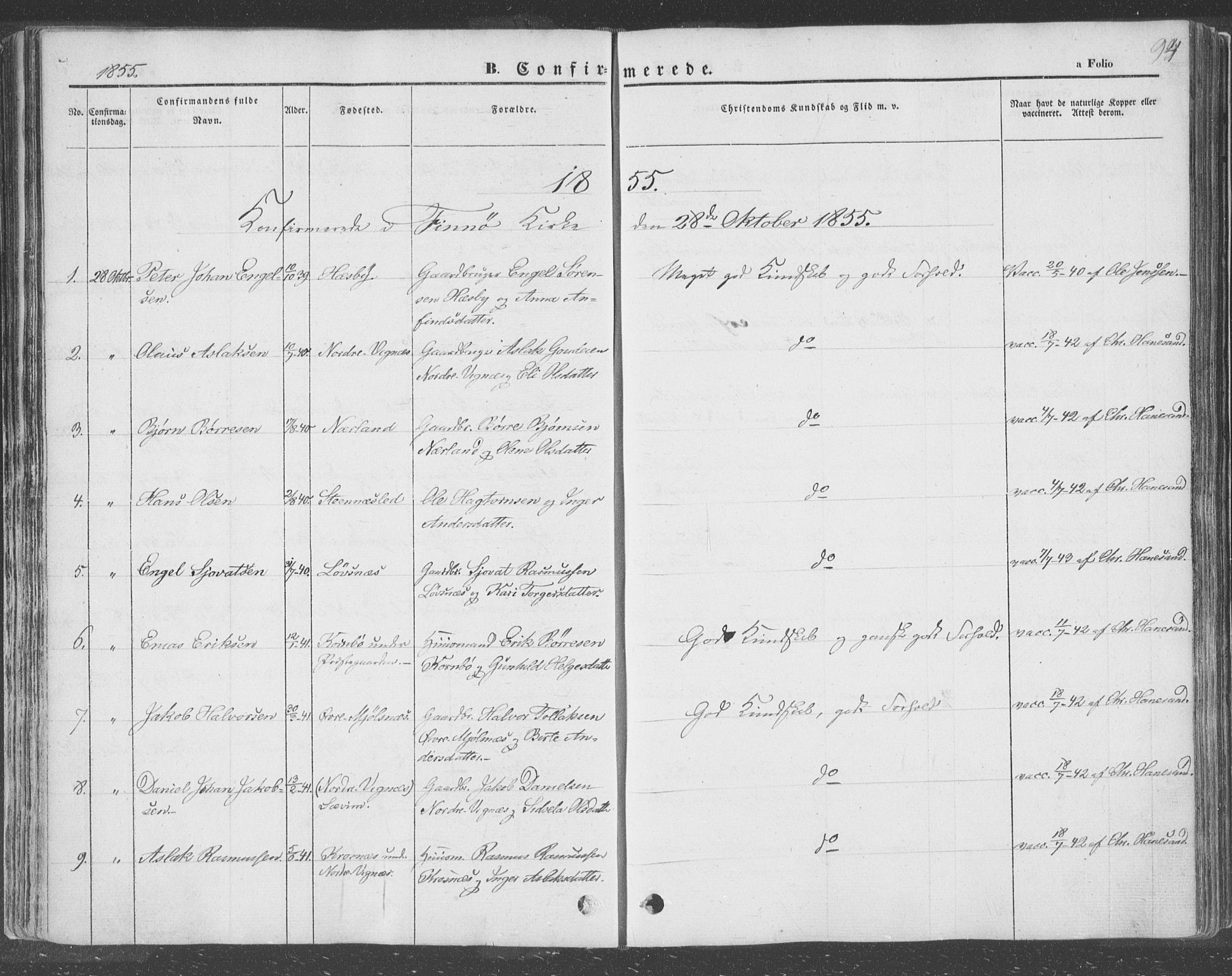 Finnøy sokneprestkontor, SAST/A-101825/H/Ha/Haa/L0007: Parish register (official) no. A 7, 1847-1862, p. 94
