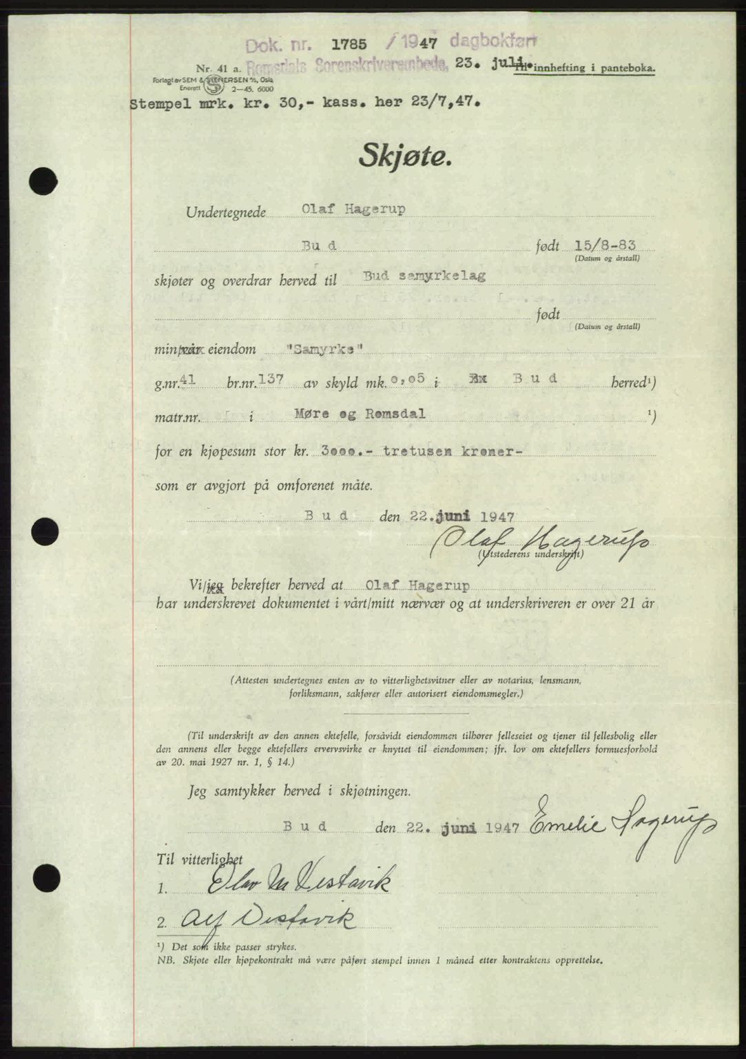 Romsdal sorenskriveri, AV/SAT-A-4149/1/2/2C: Mortgage book no. A23, 1947-1947, Diary no: : 1785/1947