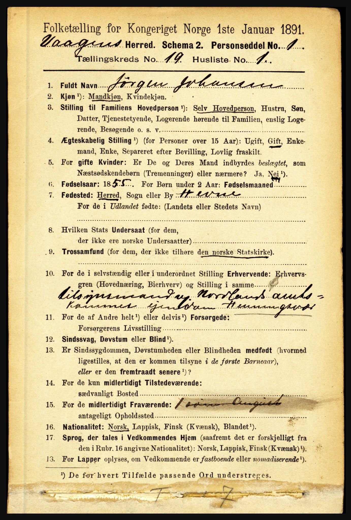 RA, 1891 census for 1865 Vågan, 1891, p. 5505