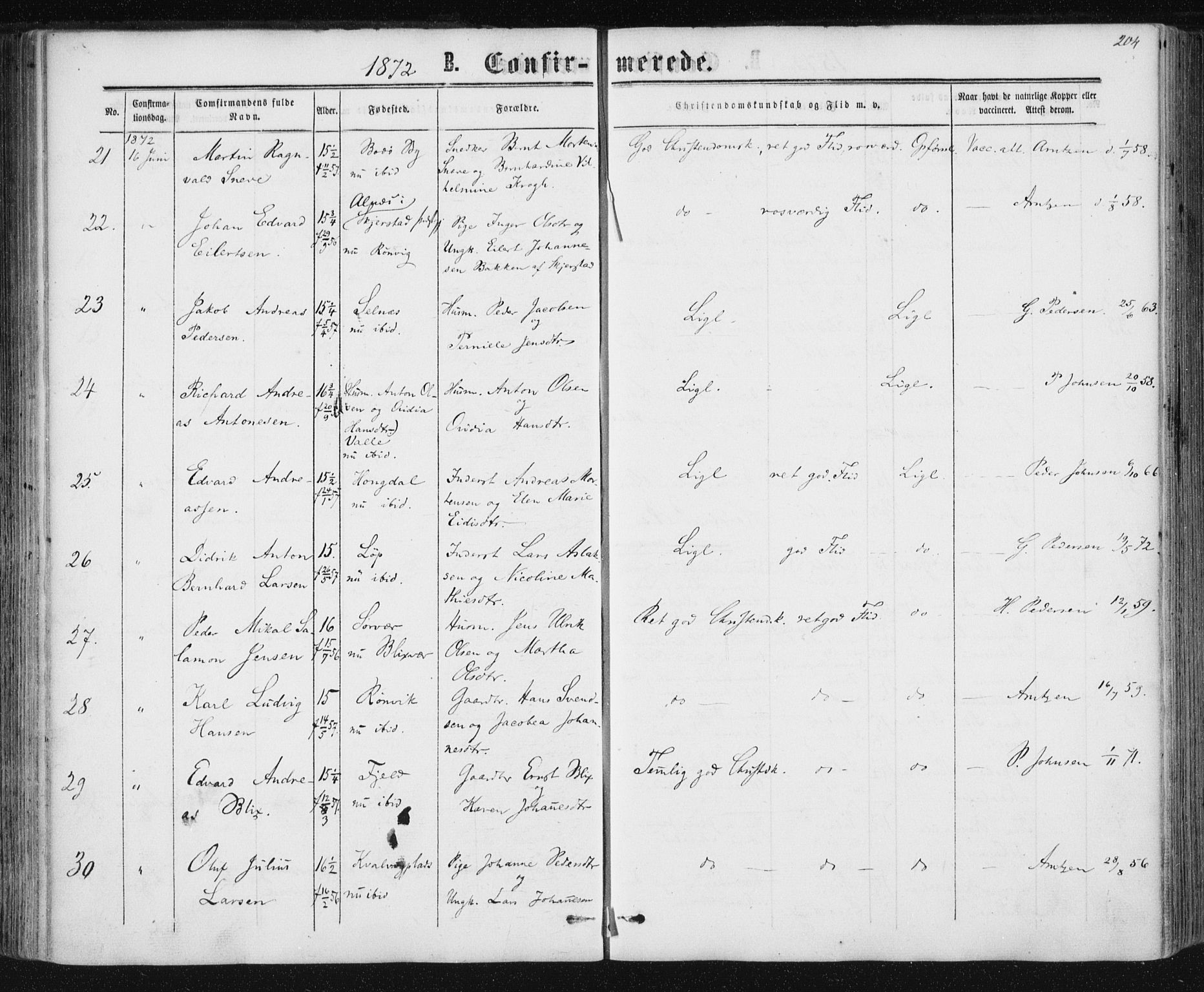 Ministerialprotokoller, klokkerbøker og fødselsregistre - Nordland, AV/SAT-A-1459/801/L0008: Parish register (official) no. 801A08, 1864-1875, p. 204