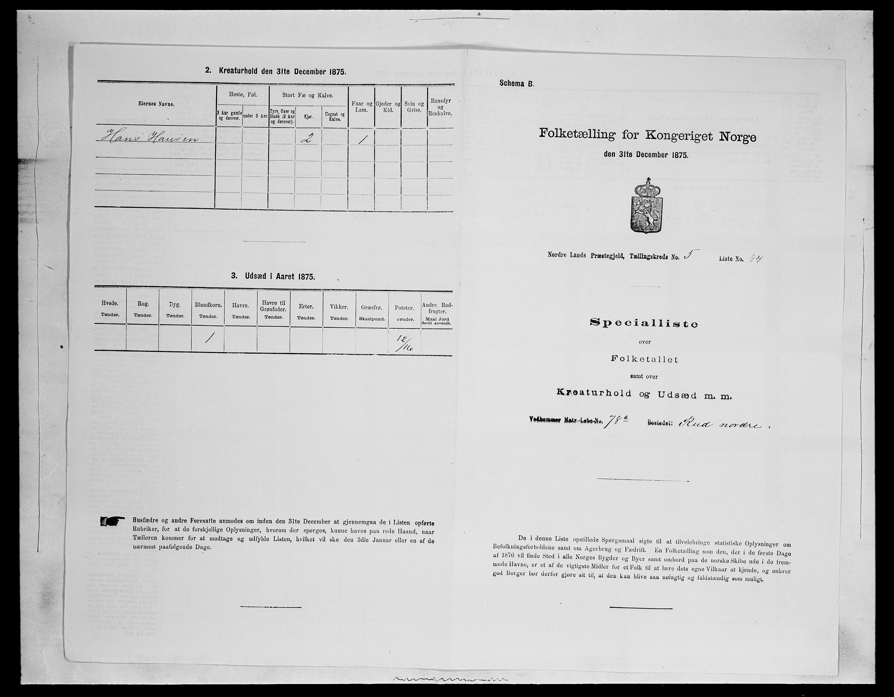 SAH, 1875 census for 0538P Nordre Land, 1875, p. 768