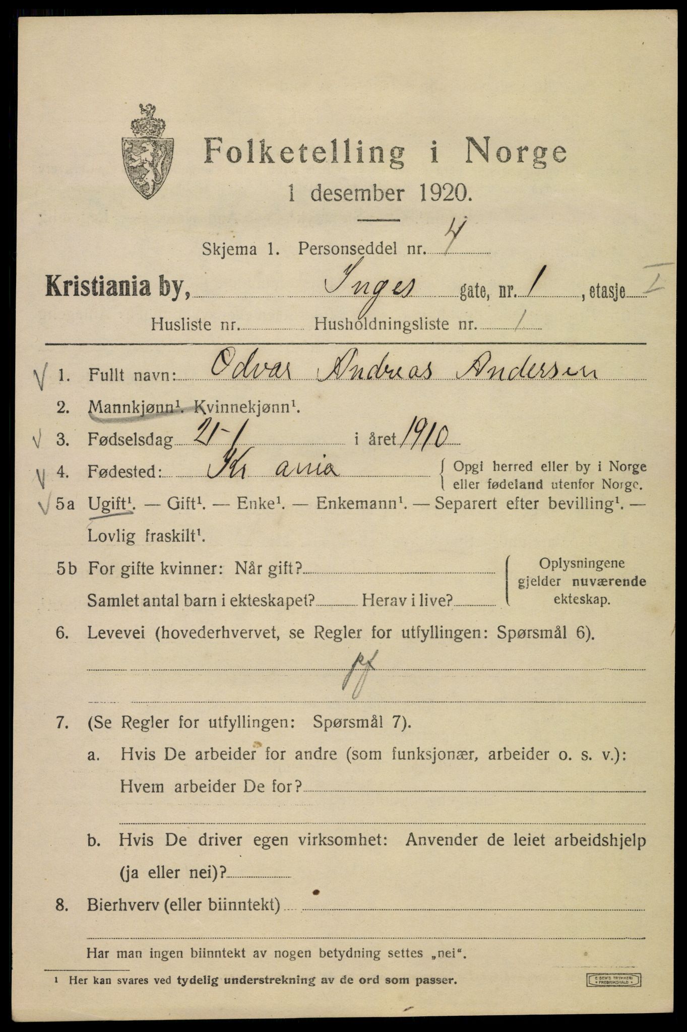 SAO, 1920 census for Kristiania, 1920, p. 309875