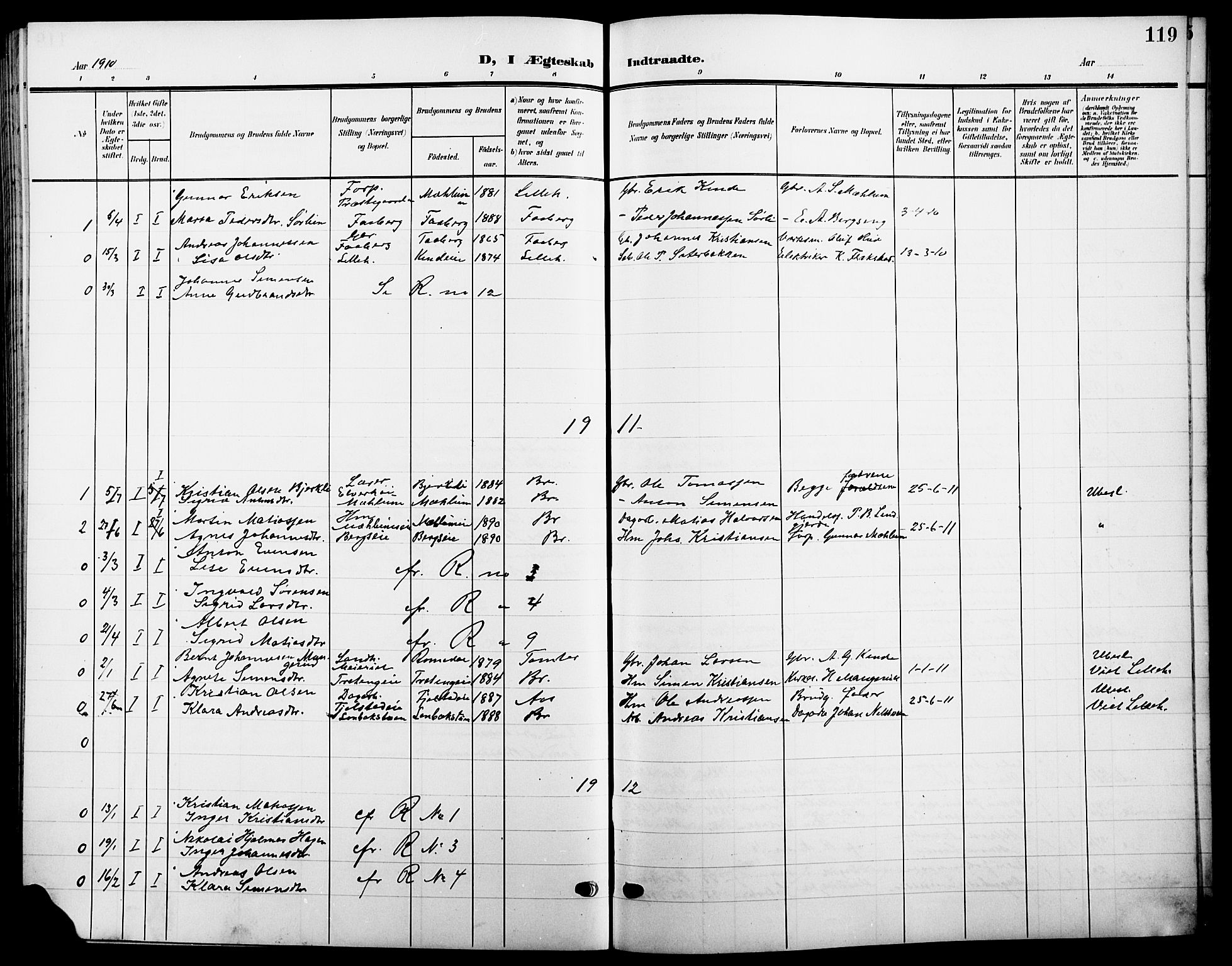 Ringsaker prestekontor, SAH/PREST-014/L/La/L0016: Parish register (copy) no. 16, 1905-1920, p. 119