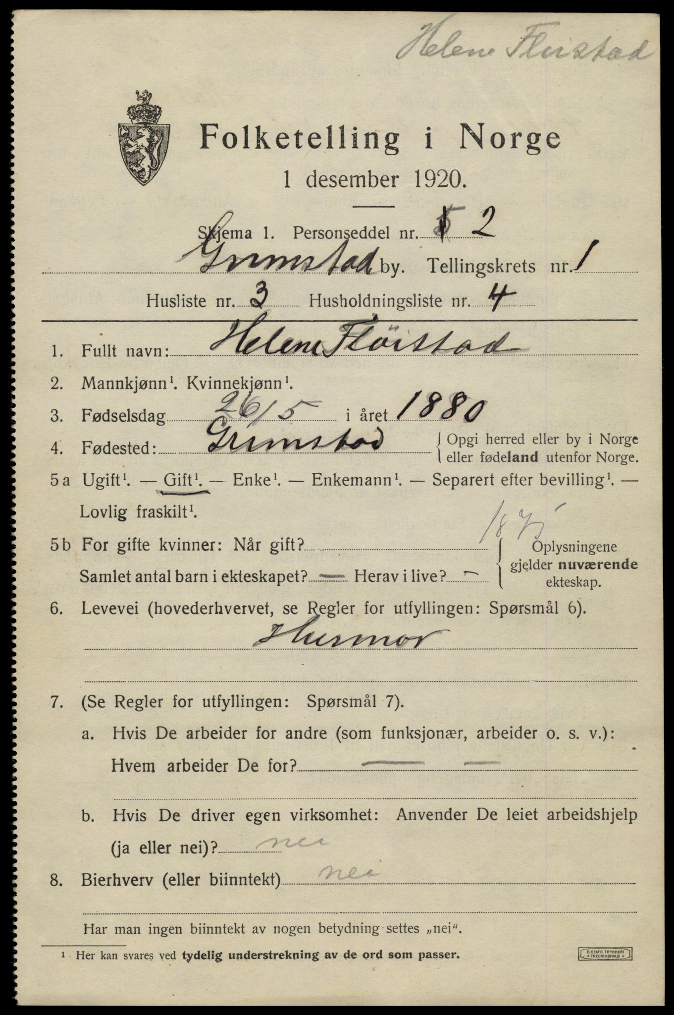 SAK, 1920 census for Grimstad, 1920, p. 2339