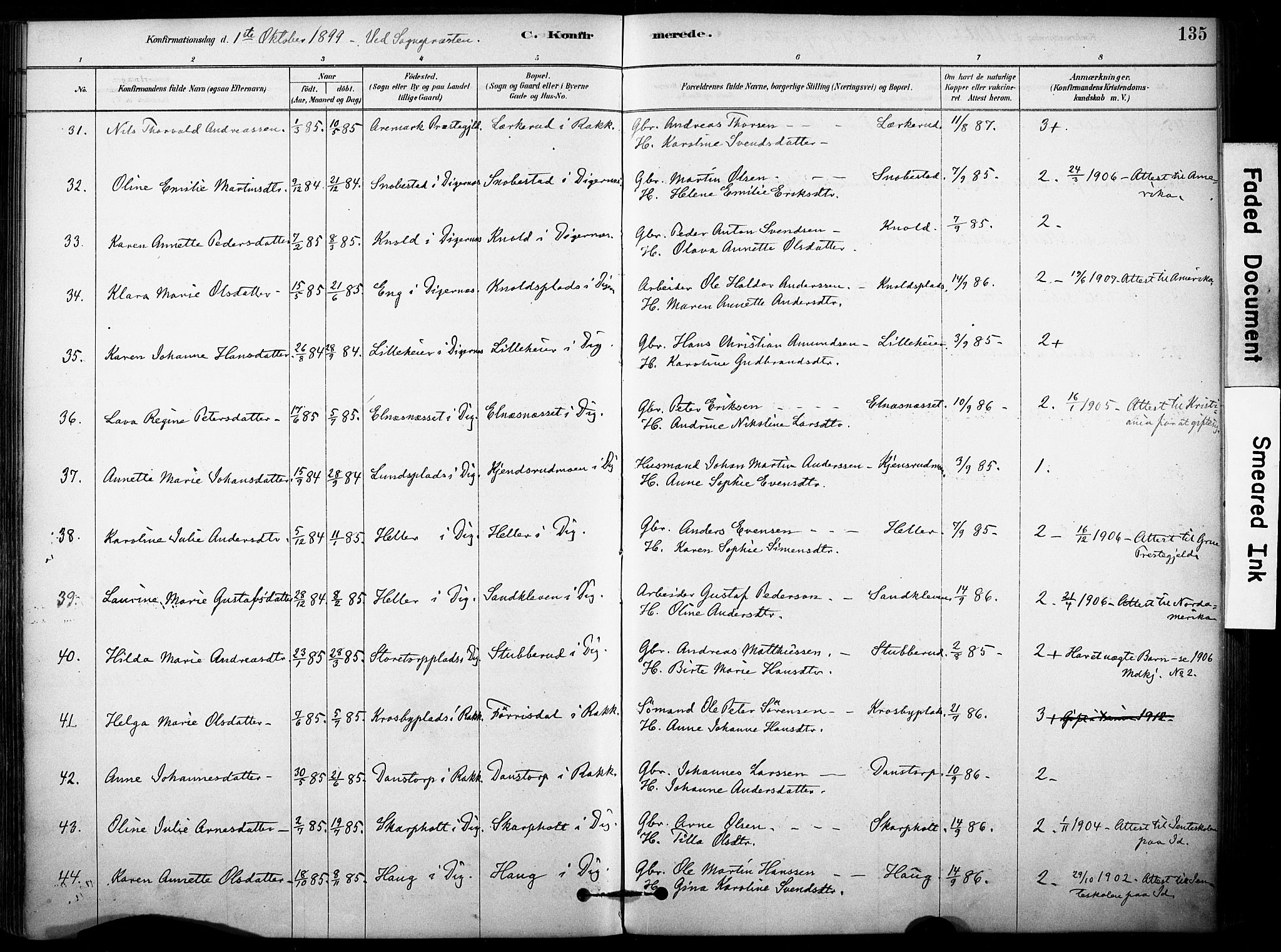 Rakkestad prestekontor Kirkebøker, AV/SAO-A-2008/F/Fb/L0001: Parish register (official) no. II 1, 1878-1899, p. 135