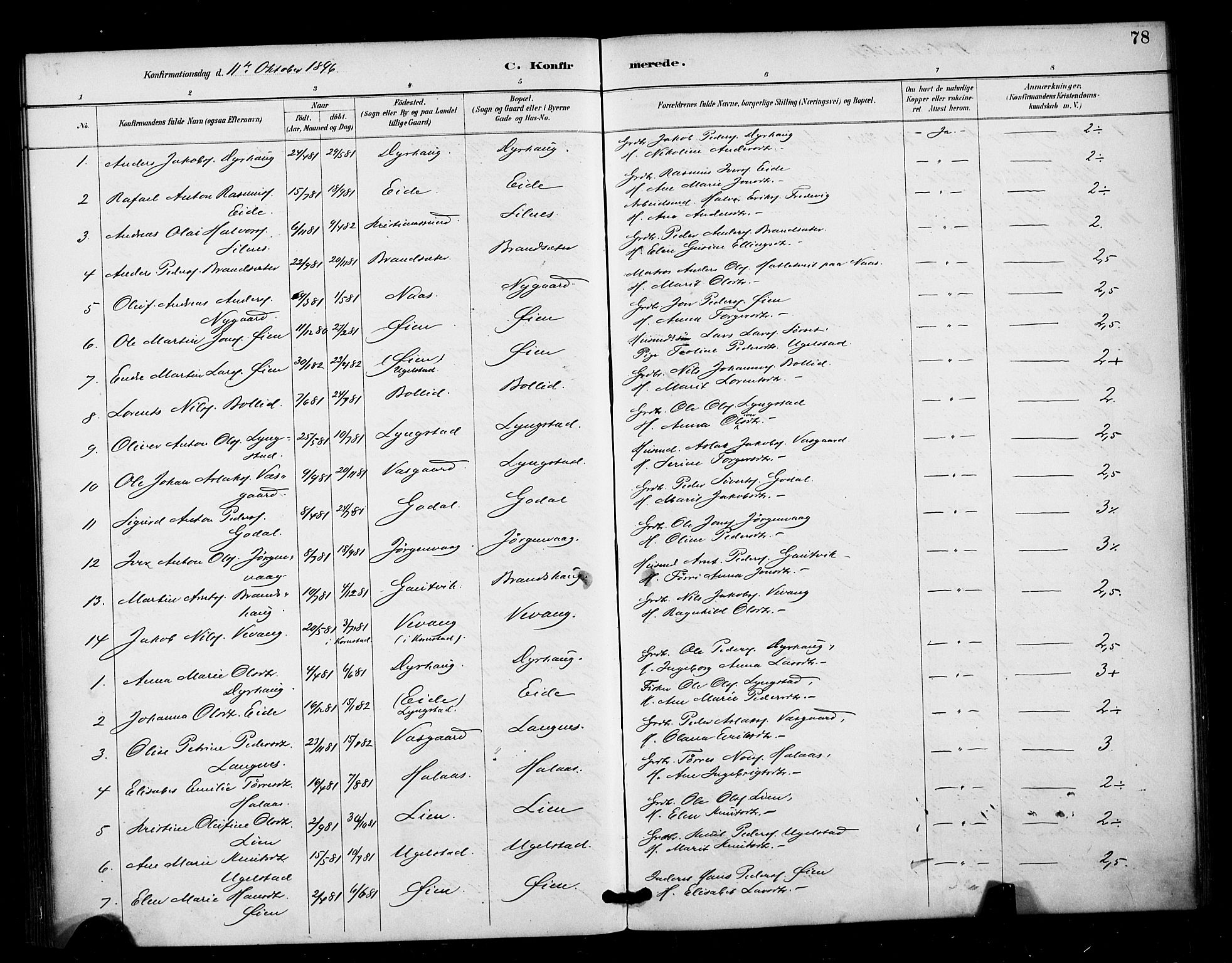 Ministerialprotokoller, klokkerbøker og fødselsregistre - Møre og Romsdal, SAT/A-1454/571/L0836: Parish register (official) no. 571A01, 1884-1899, p. 78