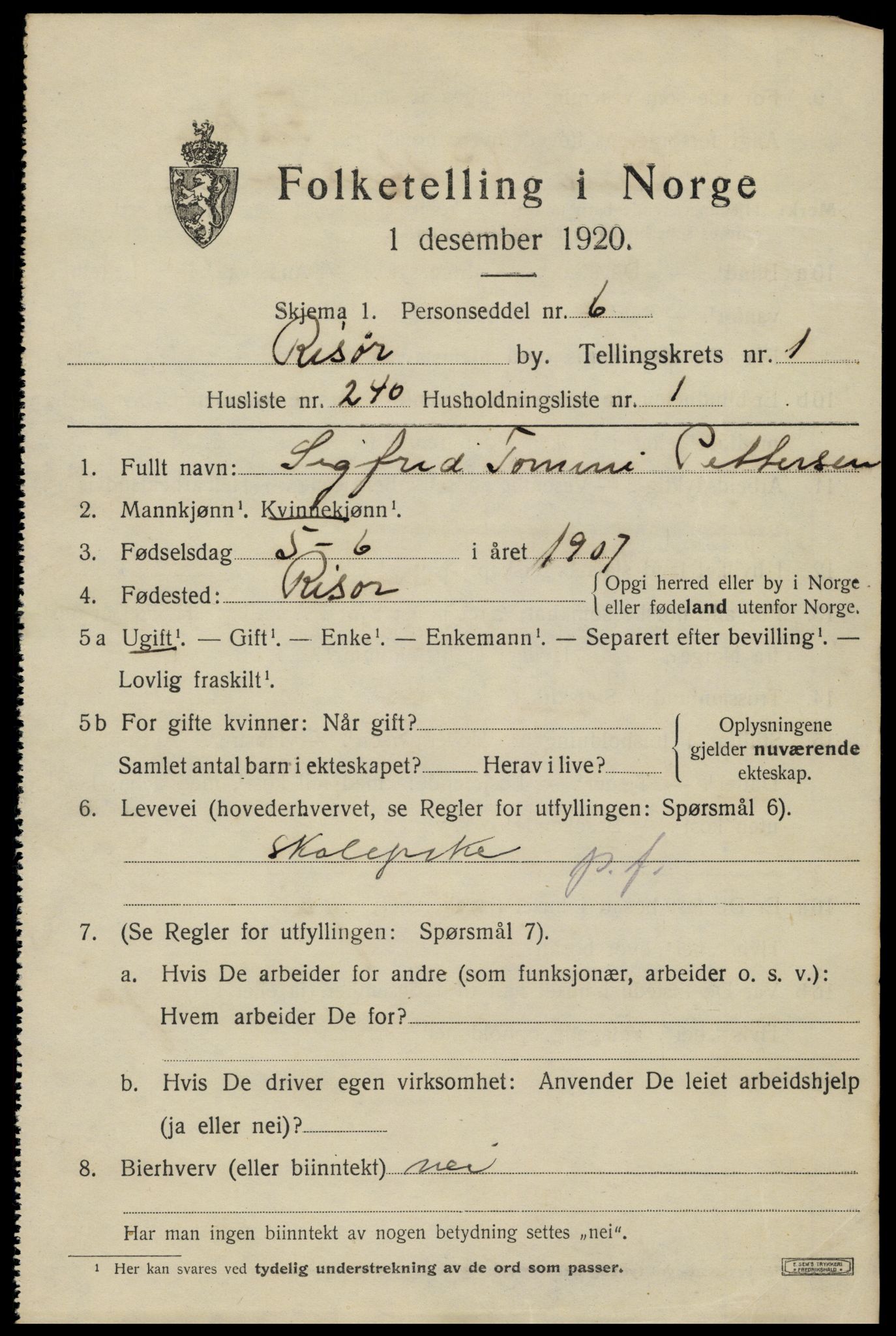 SAK, 1920 census for Risør, 1920, p. 5493