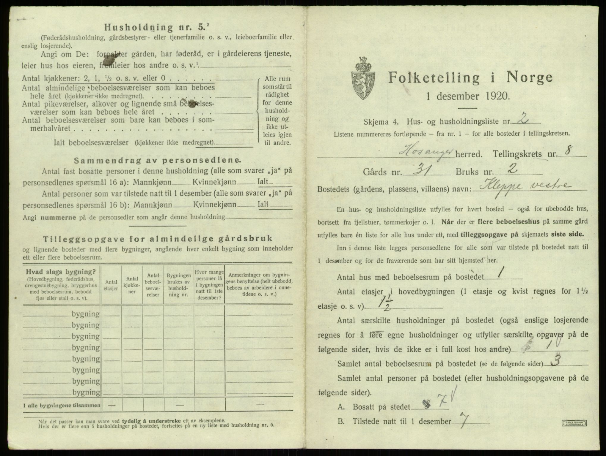 SAB, 1920 census for Hosanger, 1920, p. 428