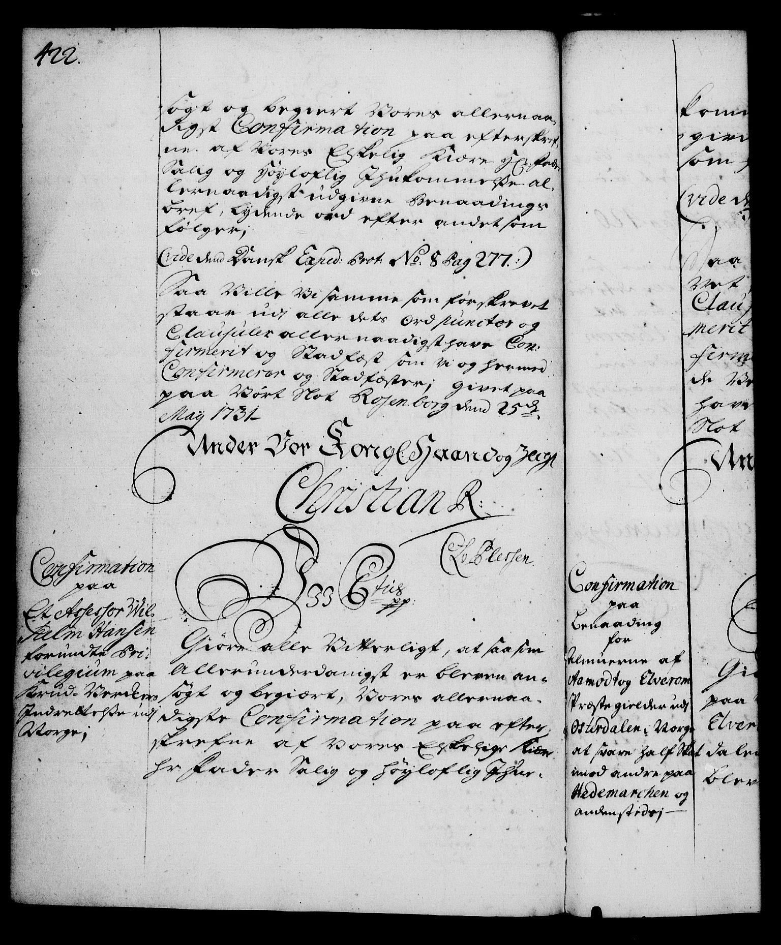 Rentekammeret, Kammerkanselliet, RA/EA-3111/G/Gg/Gga/L0003: Norsk ekspedisjonsprotokoll med register (merket RK 53.3), 1727-1734, p. 422