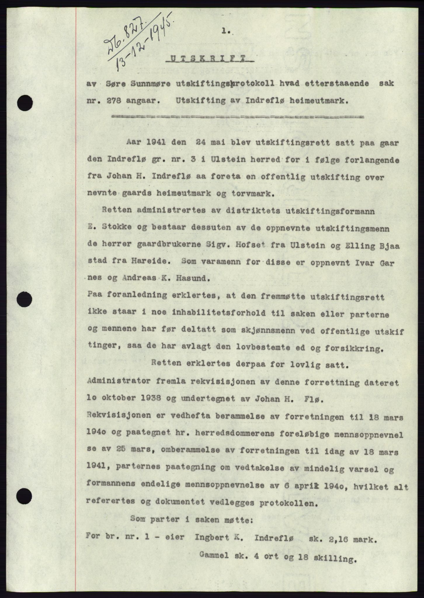 Søre Sunnmøre sorenskriveri, AV/SAT-A-4122/1/2/2C/L0077: Mortgage book no. 3A, 1945-1946, Diary no: : 827/1945