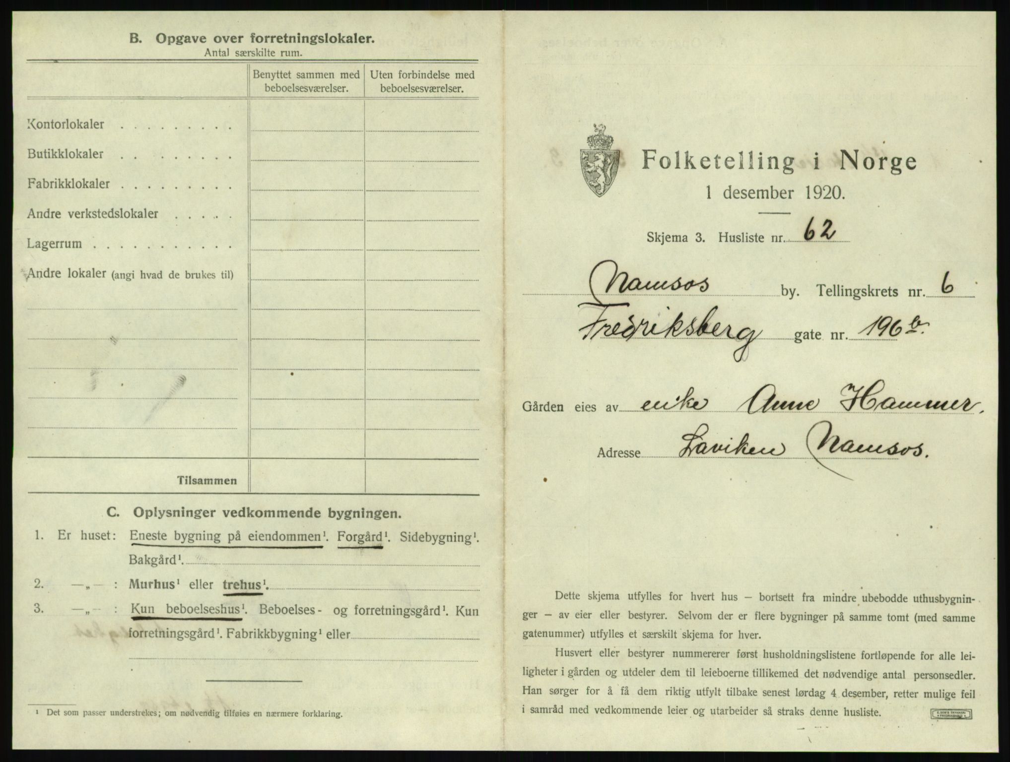 SAT, 1920 census for Namsos, 1920, p. 727
