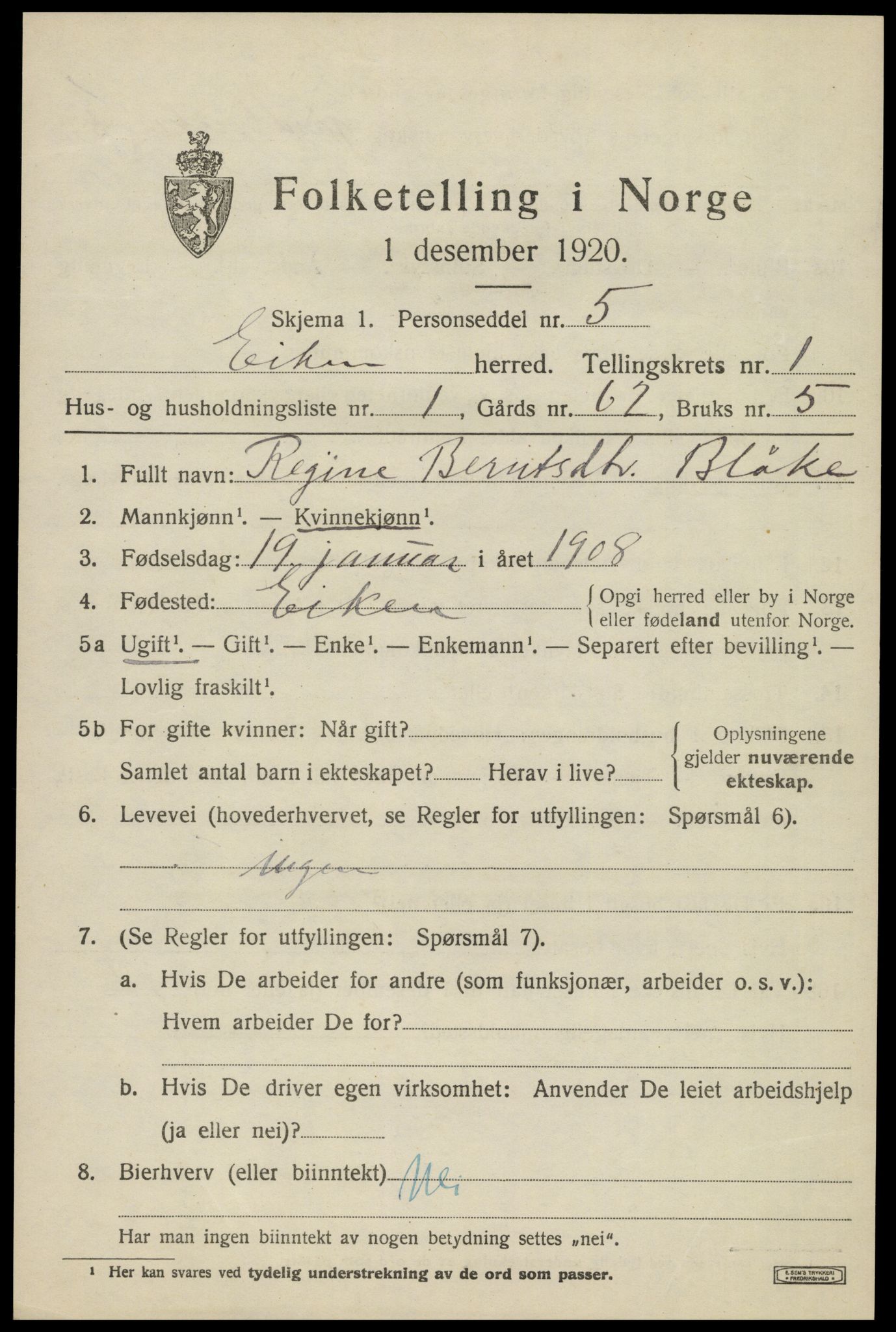 SAK, 1920 census for Eiken, 1920, p. 441