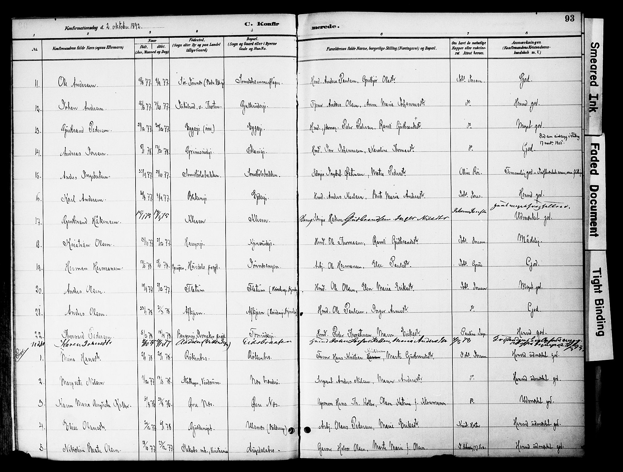 Gran prestekontor, SAH/PREST-112/H/Ha/Haa/L0020: Parish register (official) no. 20, 1889-1899, p. 93