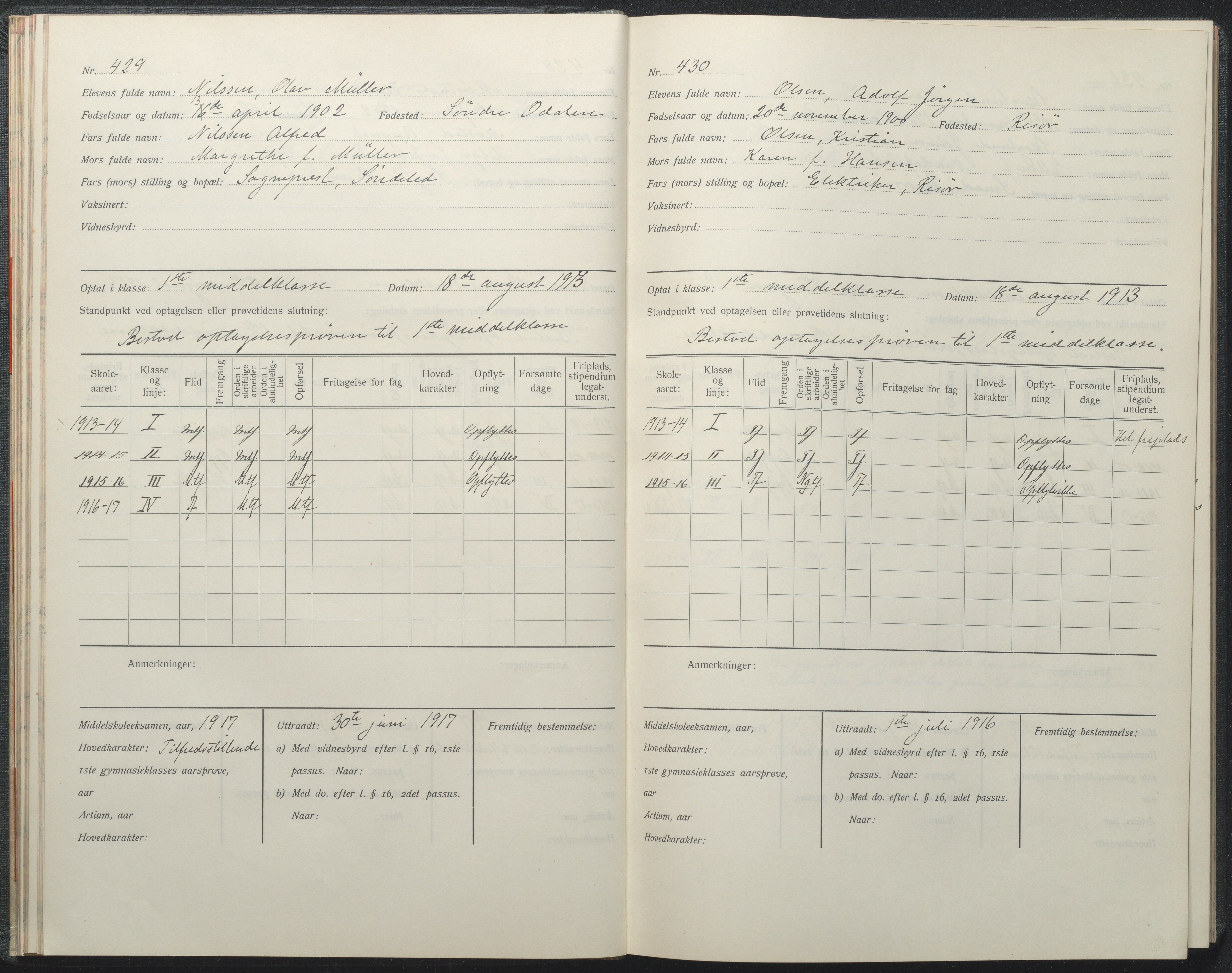 Risør kommune, AAKS/KA0901-PK/1/05/05i/L0002: Manntallsprotokoll, 1911-1925, p. 429-430