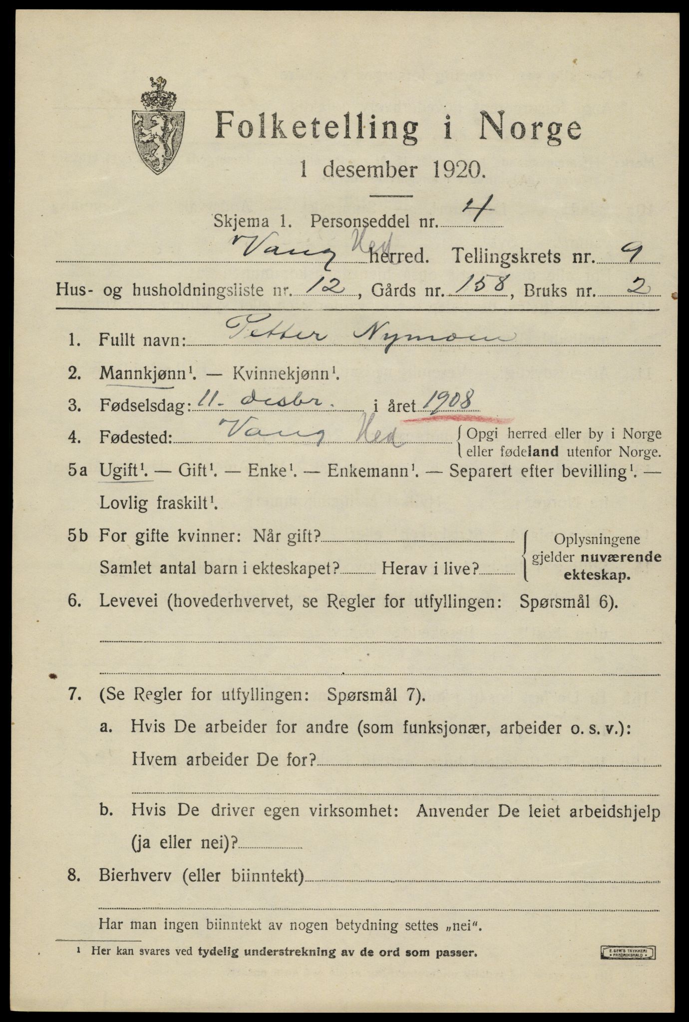SAH, 1920 census for Vang (Hedmark), 1920, p. 18235