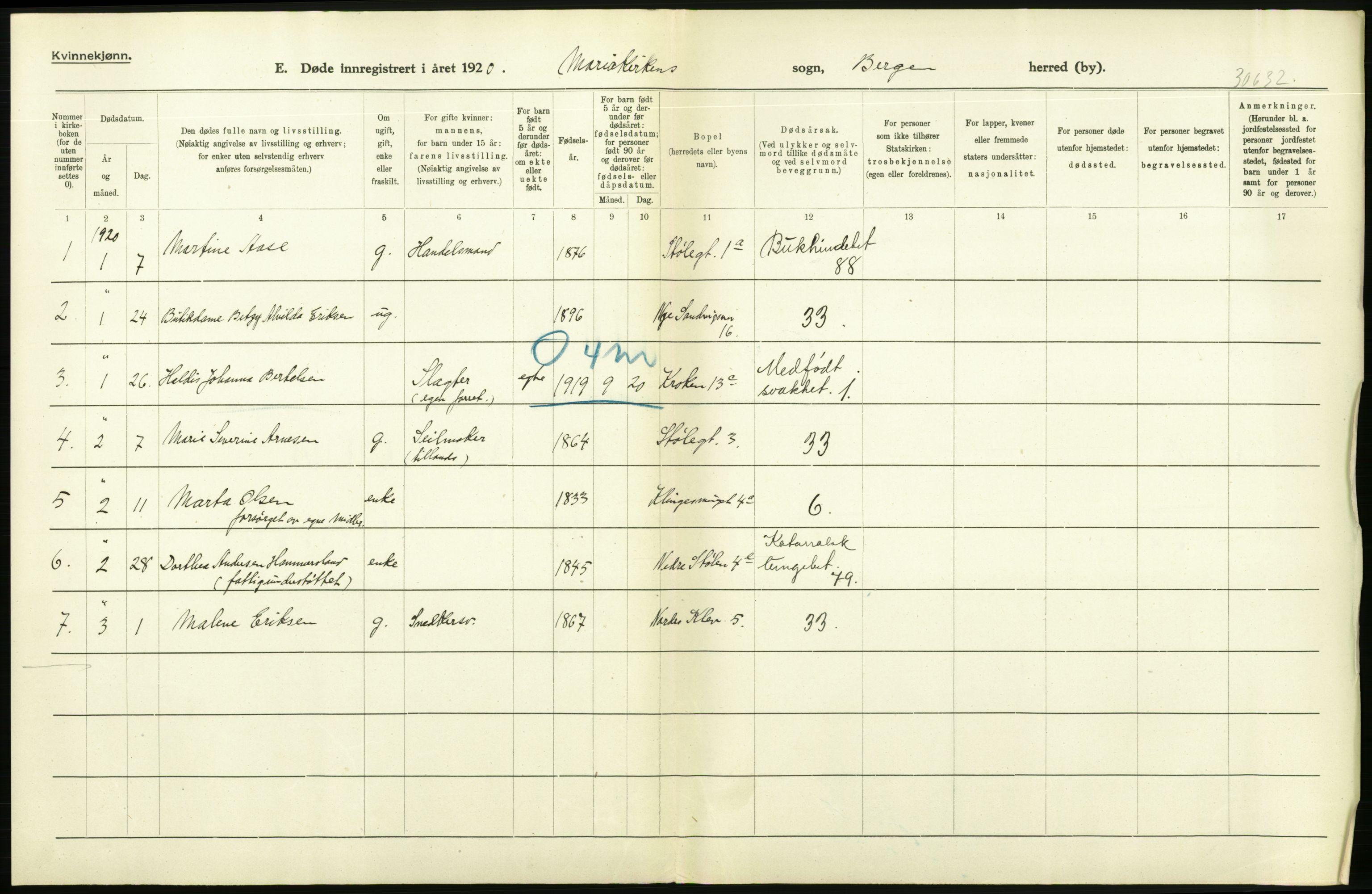 Statistisk sentralbyrå, Sosiodemografiske emner, Befolkning, AV/RA-S-2228/D/Df/Dfb/Dfbj/L0042: Bergen: Gifte, døde, dødfødte., 1920, p. 518