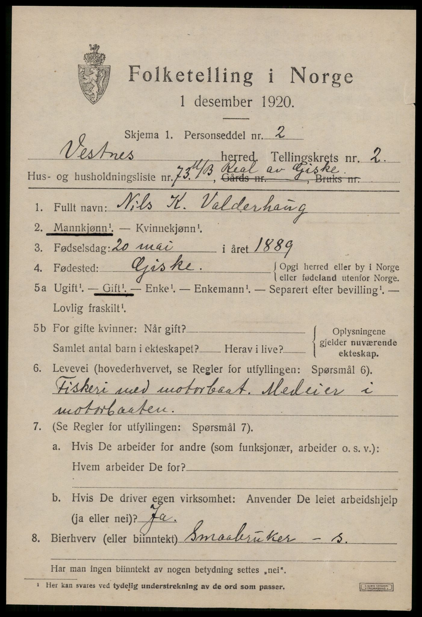 SAT, 1920 census for Vestnes, 1920, p. 2671