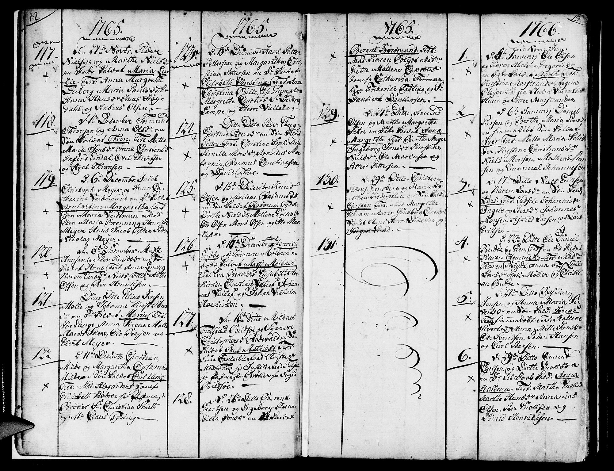 Nykirken Sokneprestembete, SAB/A-77101/H/Haa/L0004: Parish register (official) no. A 4, 1765-1775, p. 12-13