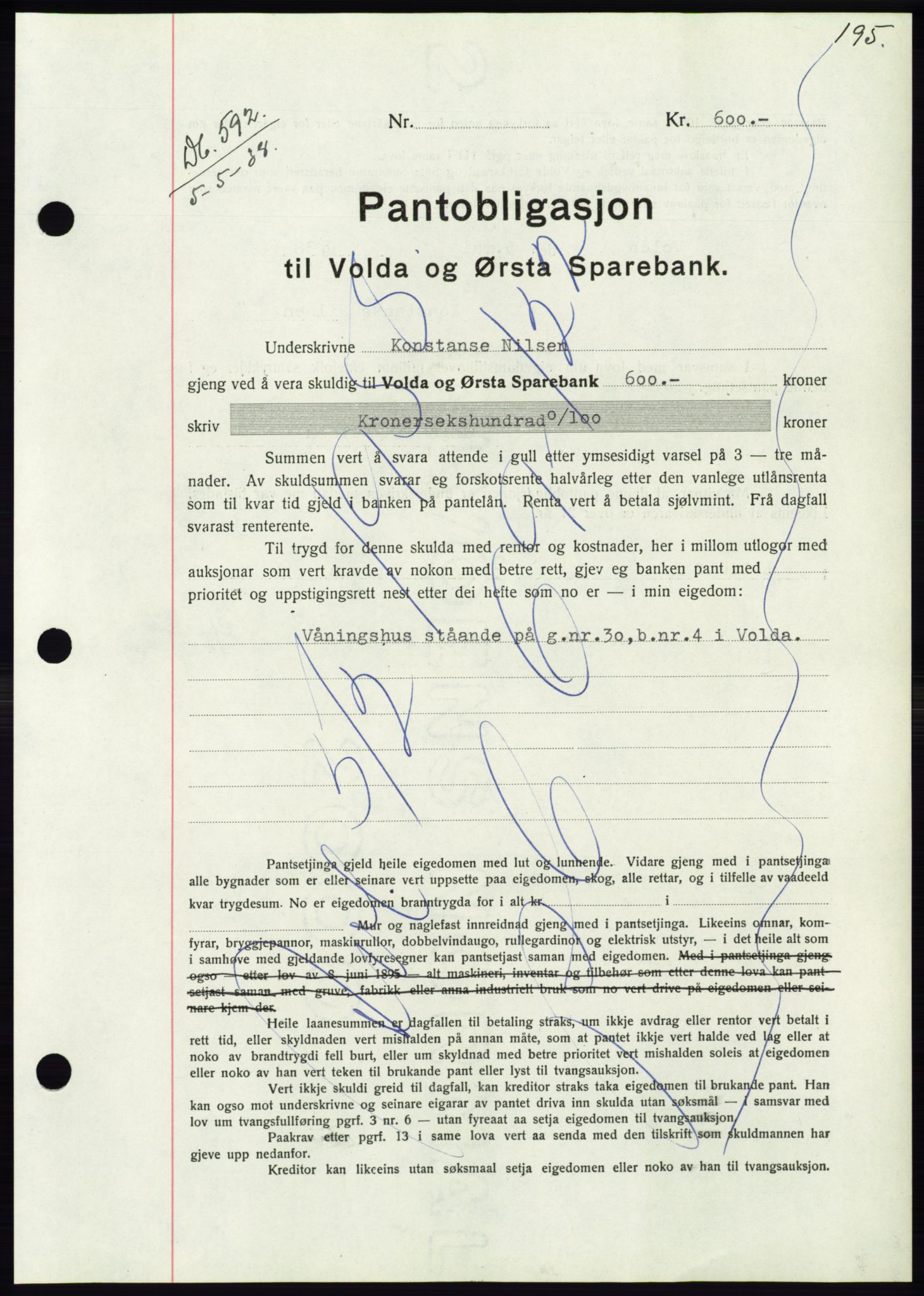 Søre Sunnmøre sorenskriveri, AV/SAT-A-4122/1/2/2C/L0065: Mortgage book no. 59, 1938-1938, Diary no: : 592/1938