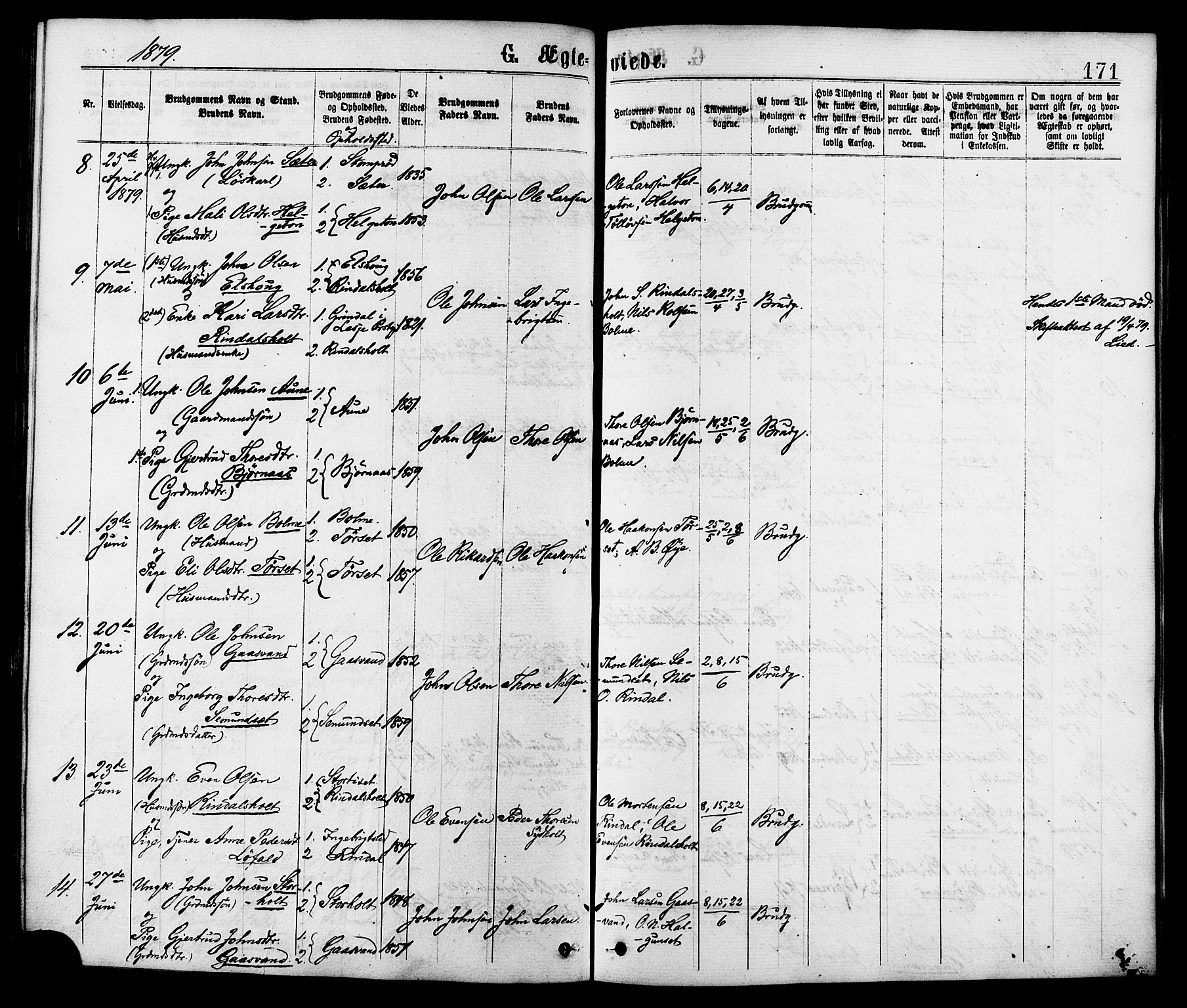 Ministerialprotokoller, klokkerbøker og fødselsregistre - Møre og Romsdal, AV/SAT-A-1454/598/L1068: Parish register (official) no. 598A02, 1872-1881, p. 171