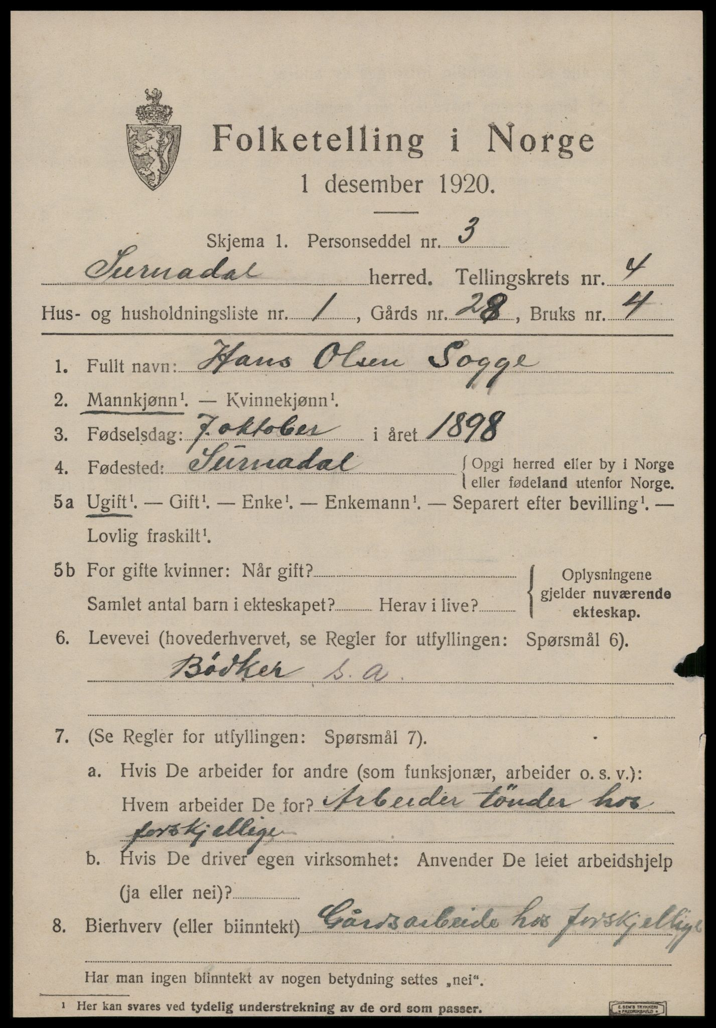 SAT, 1920 census for Surnadal, 1920, p. 3105