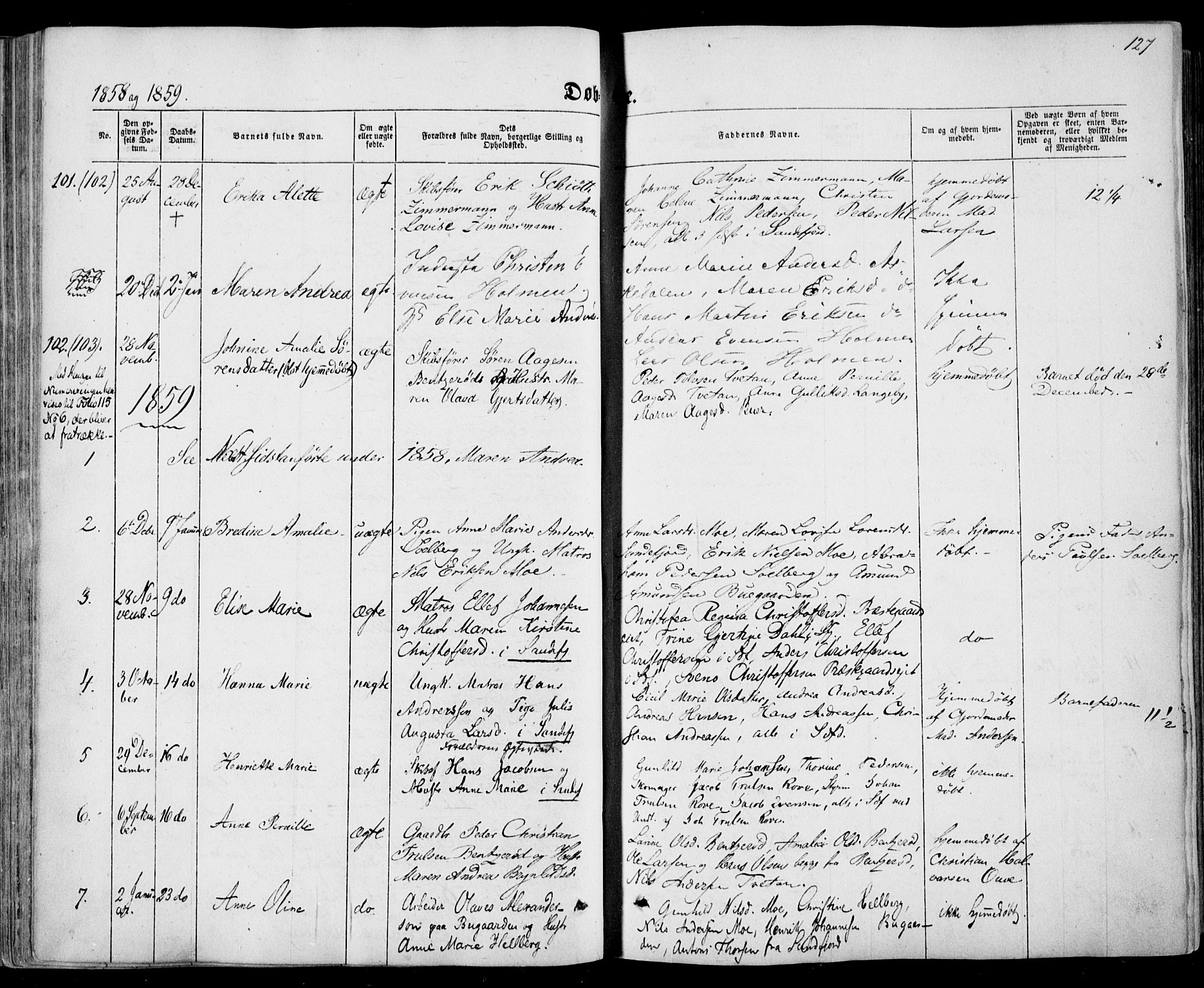 Sandar kirkebøker, SAKO/A-243/F/Fa/L0007: Parish register (official) no. 7, 1855-1861, p. 127